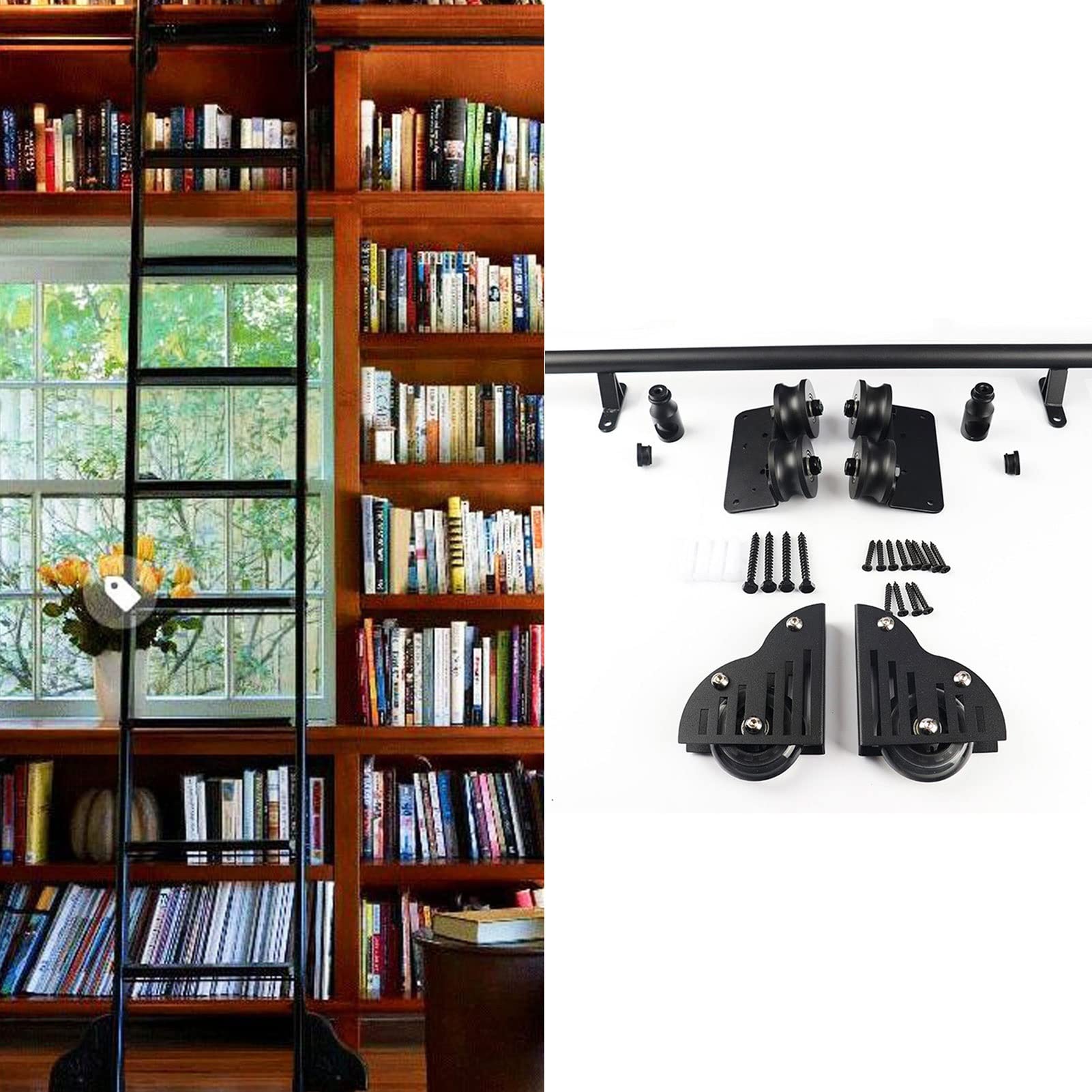 LWJSOCP Sliding Barn Door Hardware Rolling Track, Rolling Ladder Hardware Kit, Library Sliding Ladder Hardware Kit(No Ladder) with Floor Roller Wheels/10Ft/300Cm Track Kit