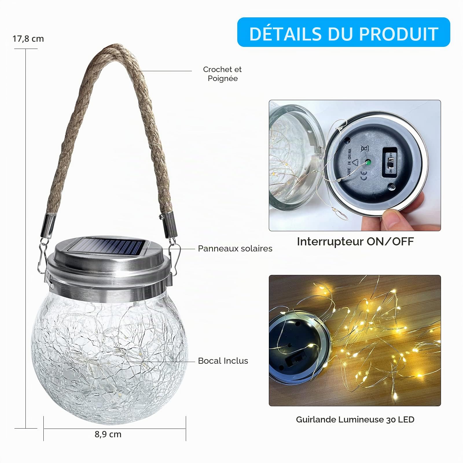 Lampe Solaire Extérieur Suspendu, [2 pièces]XVZ Lanternes d'extérieur sphérique en verre IP65 étanche pour Jardins, Cours, Arbres, Vérandas, pavillons, Terrasse, Ramadan, Noël(lumière chaude)
