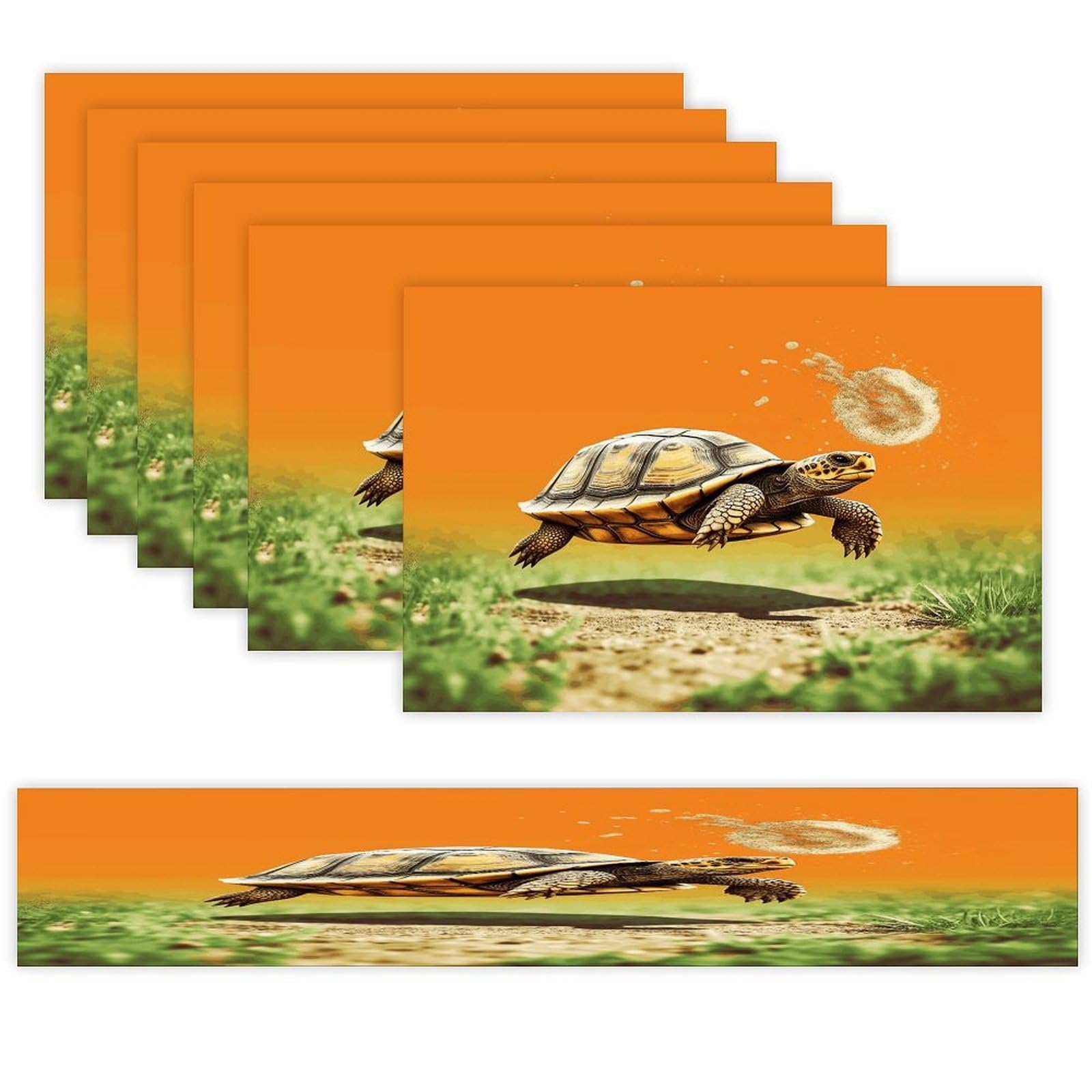 Tortoise Turtle Jumping Table Runner and Placemats Set of 6 for Kitchen Washable Table Mats Heat Resistant Place Mats Non-Slip Place Mat Wipeable Placemat(6 Placemats+1 Table Runner)