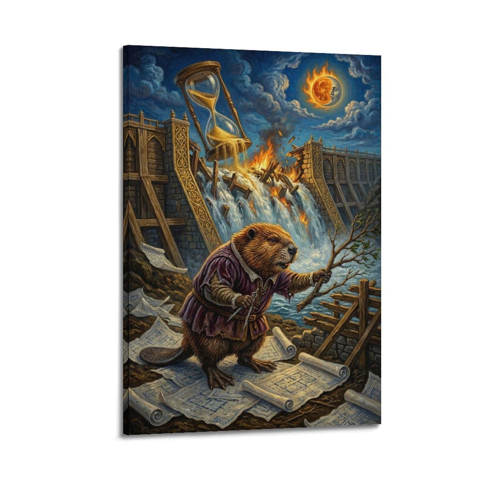 XKUGA Surreal Vintage Animal Poster Beaver Hourglass Flood Satire Modern Decorative Canvas Prints - Ideal Wall Art for Family, Man Cave, Game Room, Boys & Girls Bedroom 24x36inch(60x90cm)