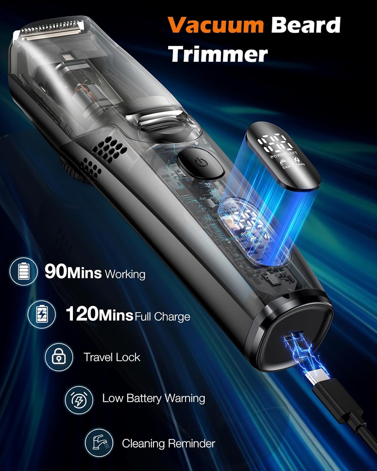 Advanced Vacuum Beard Trimmer for Men: Vacuum Mustache Trimmer with Precision Knob, Adjustable 20mm Length Settings, 2 Combs, IPX6 Waterproof-Rechargeable Vacuum Trimmer for Beard, Black