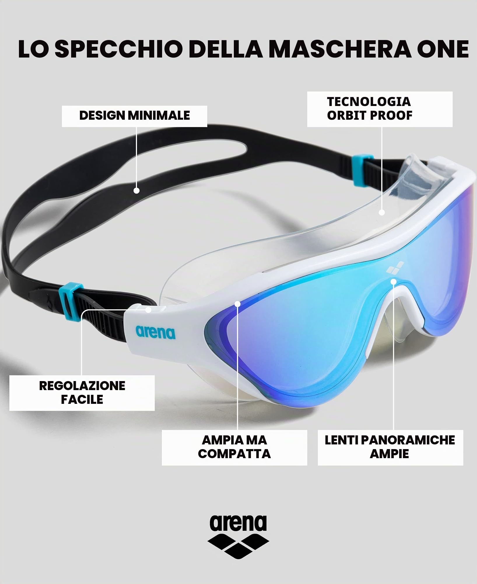 ARENA The One Mask Mirror Occhialini Nuoto Anti-Appannamento Unisex Adulto, Maschera Piscina con Grandi Lenti, Protezione UV, Ponte Nasale Autoregolante, Guarnizioni Orbit-Proof