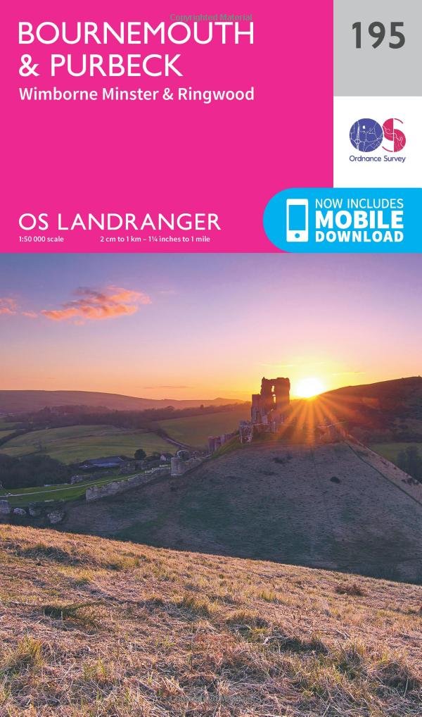 Ordnance Survey Unisex Pink Landranger 195 Bournemouth & Purbeck, Wimborne Minster & Ringwood Map With Digital Version