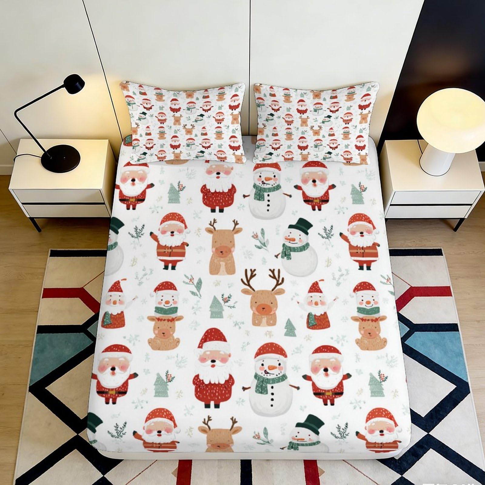 3D Printed Christmas Santa Fitted Sheet Microfiber Soft Festive Reindeer Mattress Cover for Bedroom Decor 160x200x25cm
