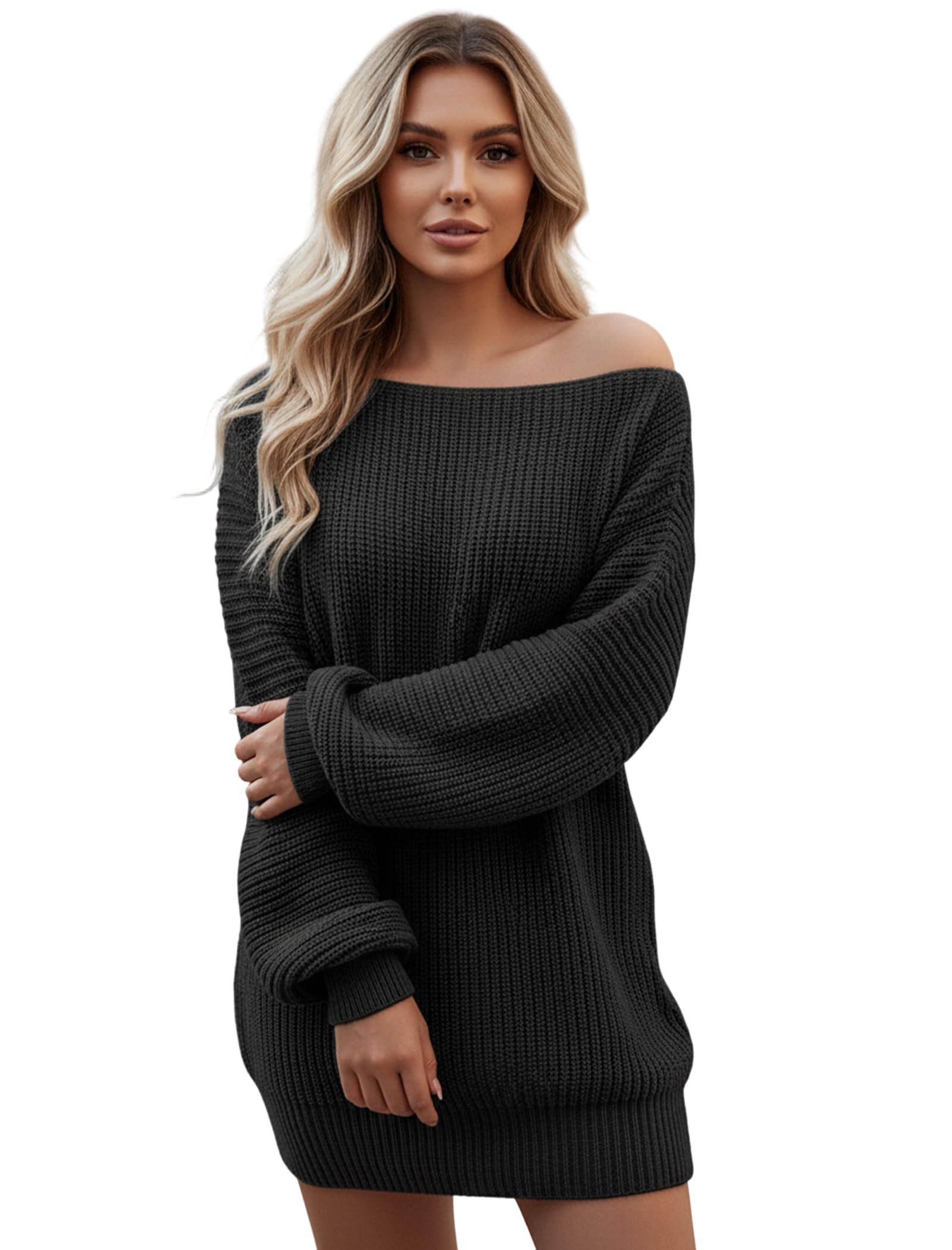 TIAFORD Womens Off Shoulder Knit Sweater Dress Long Sleeve Ribbed Pullover Mini Dress Casual Warm Fall Winter Sweater
