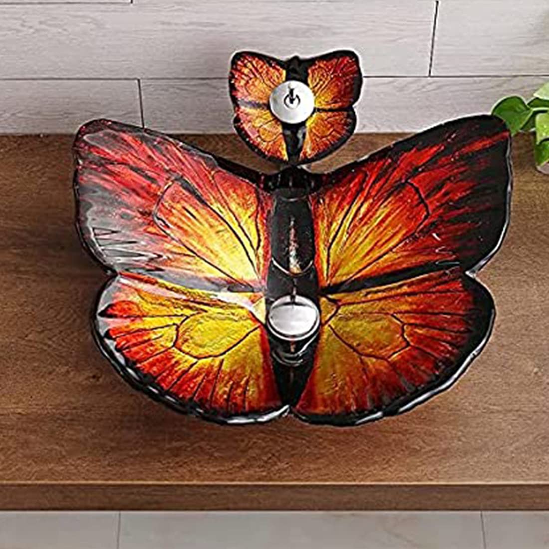 強化ガラス 洗面台蝶形シンク滝の蛇口付き バスルーム シンク バニティ シンク 強化ガラス 洗面台蝶形シンク滝の蛇口付き バスルーム シンク