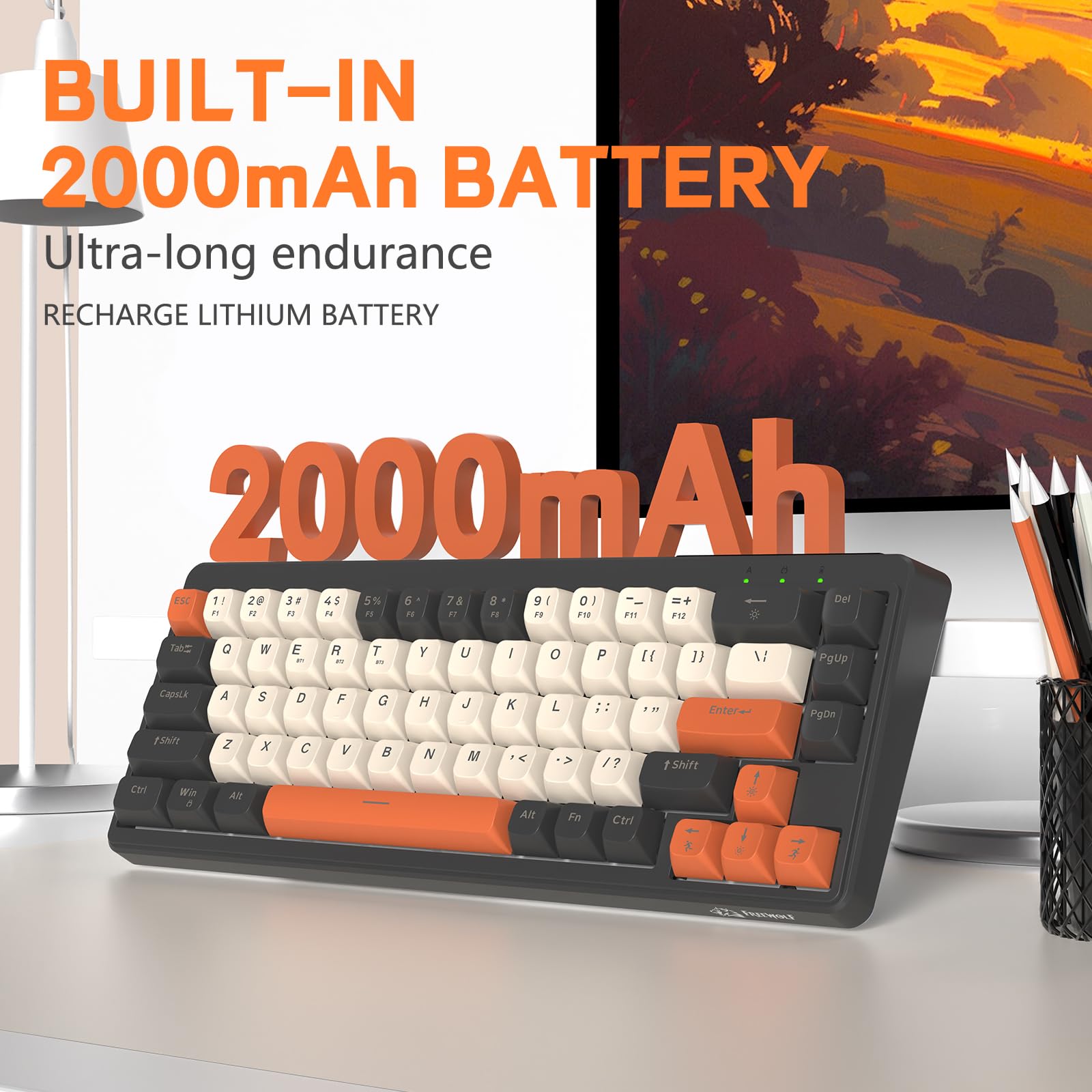LexonElec X FREEWOLF M68 Tastiera Gaming Wireless 65%, QWERTY, BT/2.4G/Cablata, Tastiera a Membrana Silenziosa, Retroilluminazione Arcobaleno, 67 Tasti con Tasti in PBT, 2000mAh, Portatile - Grigia