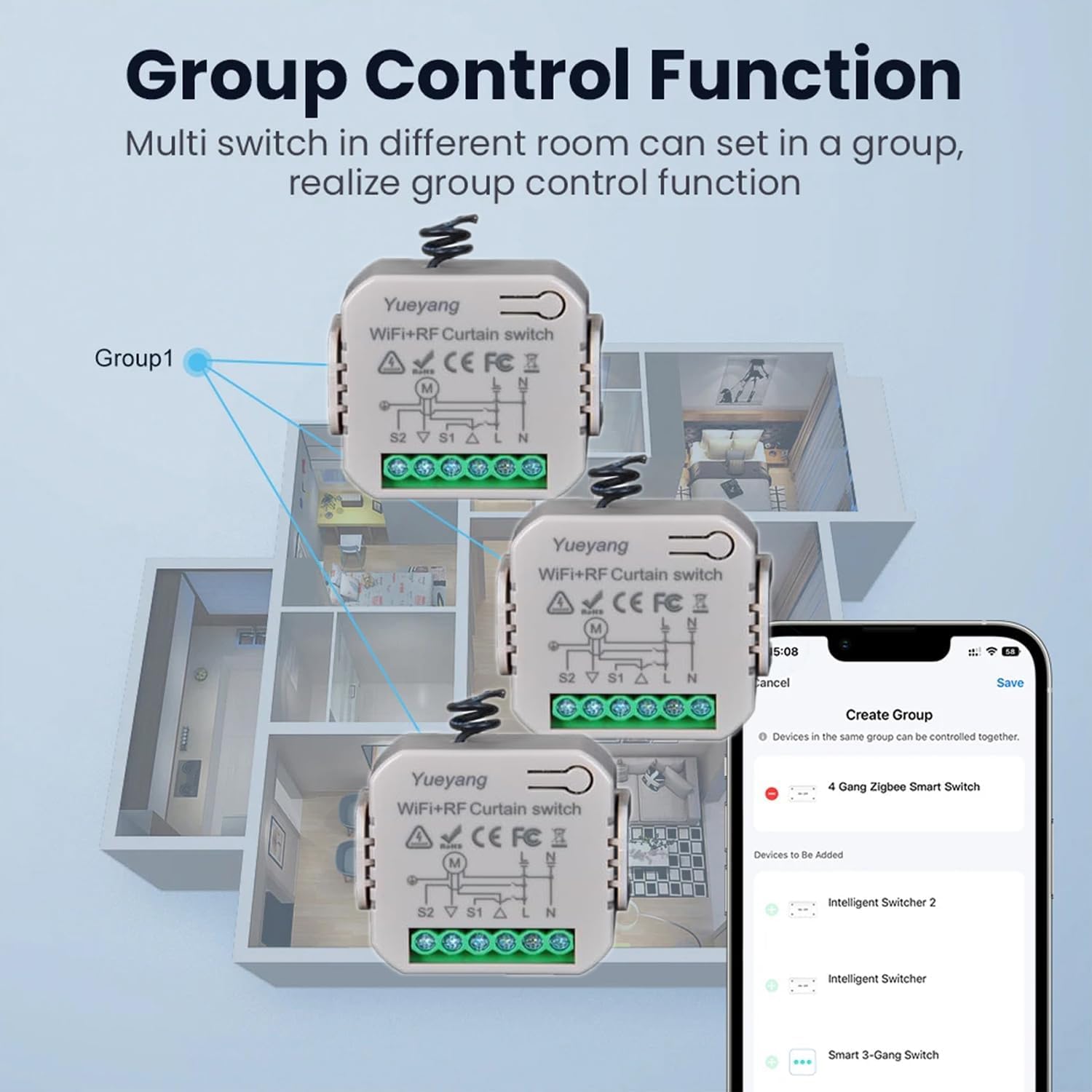Commutateur de Volets Roulants WiFi avec Télécommandes RF, Module de Commande Sans Fil, Relais Électriques pour Rideaux et Volets, Interrupteur de Minuterie, Contrôle Vocal