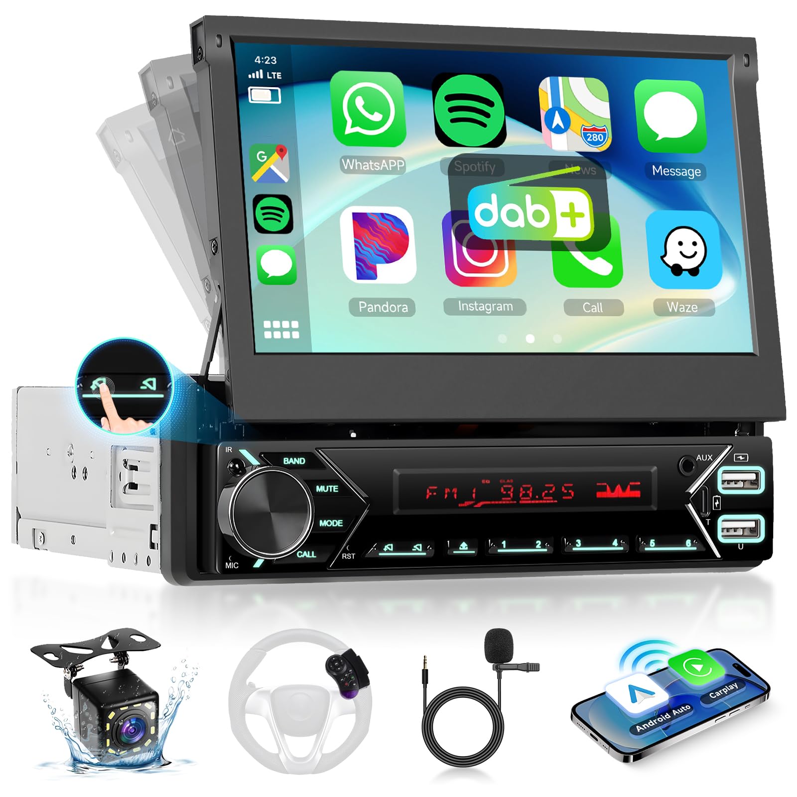 Hodozzy Dab Autoradio 1 din Carplay sans Fil Android Auto avec Écran Automatique Rétractable de 7 Pouces, Poste Radio Voiture Bluetooth Ecran Tactile avec Lien Miroir/FM/USB/AUX/TF+Caméra de recul