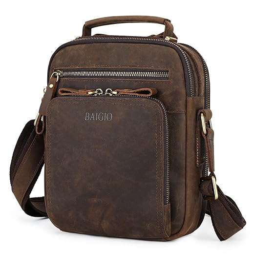 BAIGIO Genuine Leather Messenger Bag for Men Vintage Shoulder Crossbody Bags Handbag Bag Man Purse Sling Casual Day Pack for Work Business Travel (Dark Brown)
