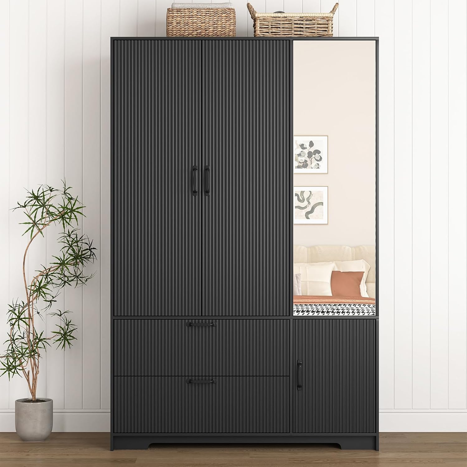 72'' Fluted Armoire Wardrobe Closet with Mirror Door and 2 Drawers,Tall Bedroom Armoire Wardrobe Cabinet with Hanging Rod,Wooden Bedroom Closet with 4 Adjustable Shelves (Black)