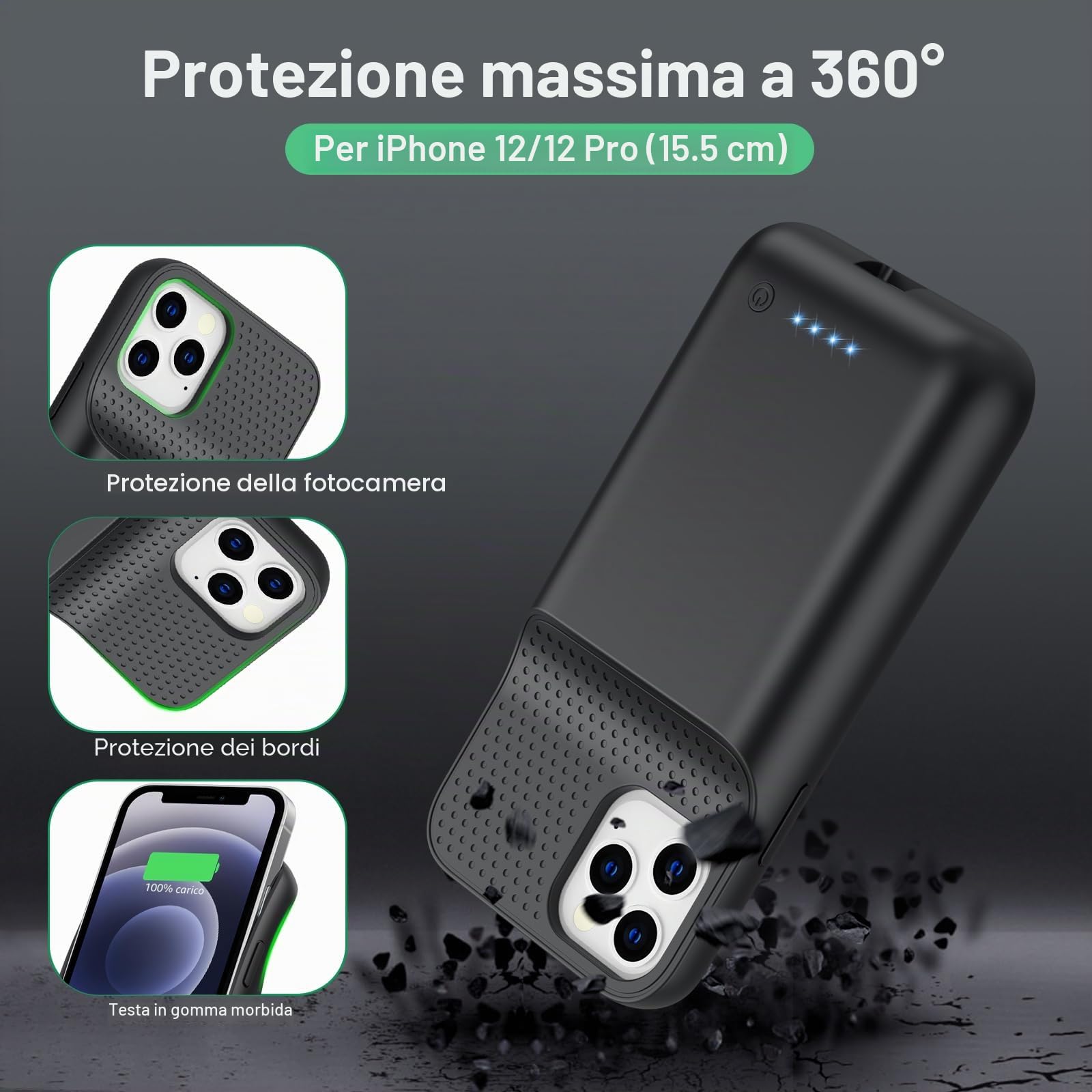 Cover Batteria per iPhone 12/12 Pro (6,1"), 10800mAh Cover Ricaricabile Custodia Batteria C over Caricabatterie Portatile Battery Case, Batteria Ricaricabile Estesa per iPhone 12/12 Pro