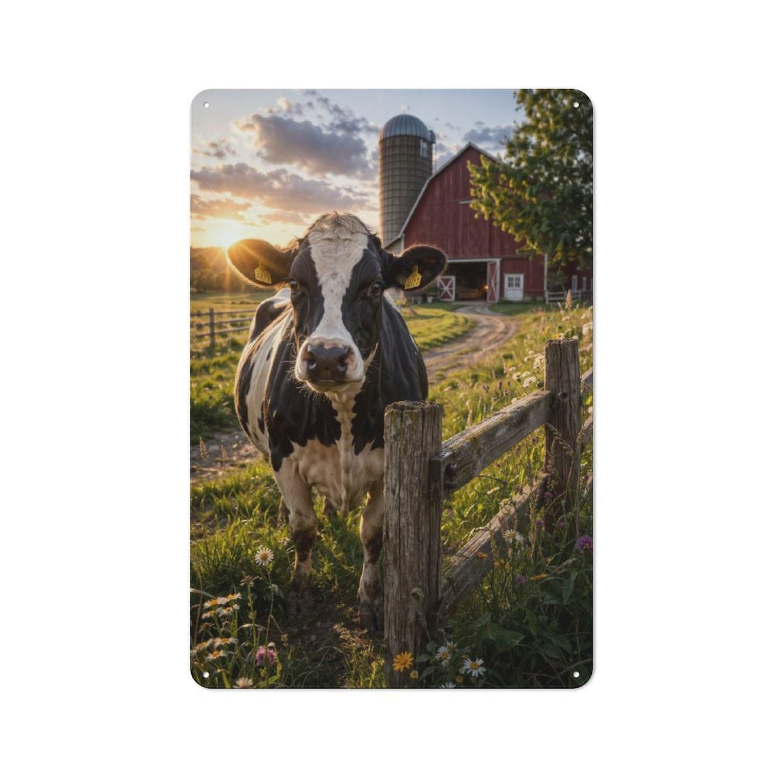 Junmoney Style-10 Garage Style Metal Wall Sign 30X20cm Featuring Cow In A Field At Sunset, Garage Wall Decor For Garage, Hobby Room, Office Or Man Cave
