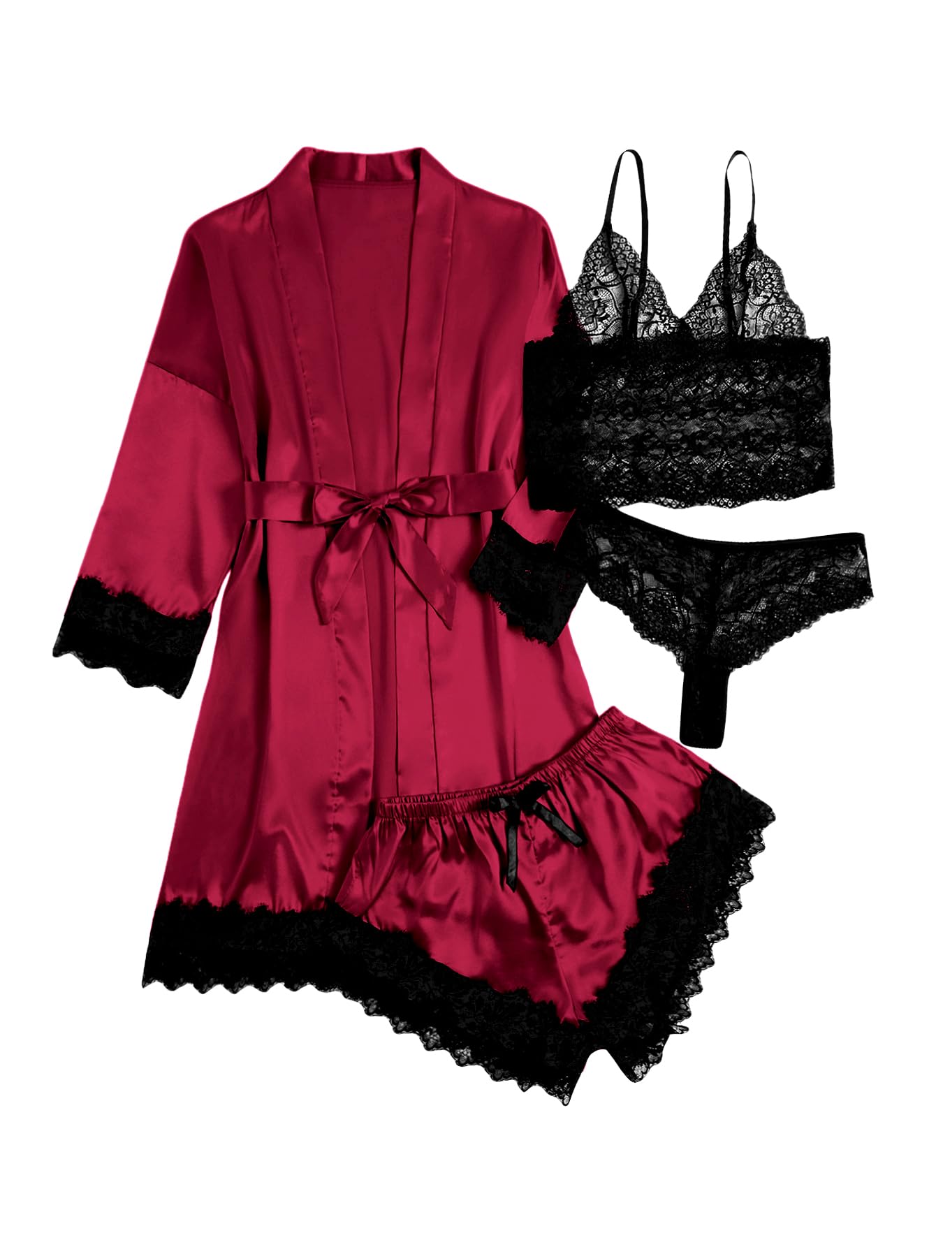 WDIRARA Women's Silk Satin 4pcs Pajamas Set Sleepwear with Robe