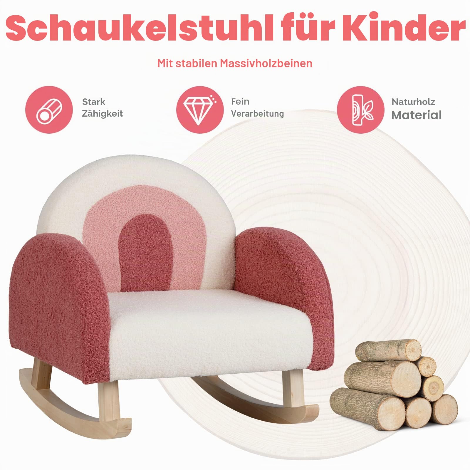 LIFEZEAL Kindersofa Schaukelstuhl, Kindersessel aus Teddy Samtmaterial & Massivholzbeinen, Mini Sofa für Mädchen & Junge, Kinderstuhl für Kleinkinder 3–5 Jahre (rosa)