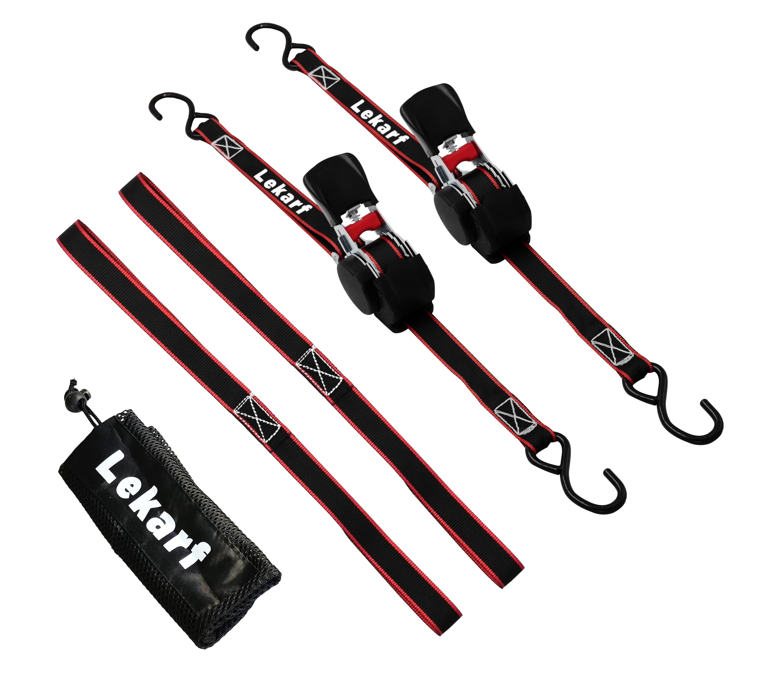 Lekarf Ratchet Straps, Retractable Ratchet Tie Down, 2PC Pack 1” x 12' with Breaking Load of 1200Lbs, 2 Loop Straps and Storage Bag for Motorcycle, ATVs, Boats, Hauling, Cargo Secure