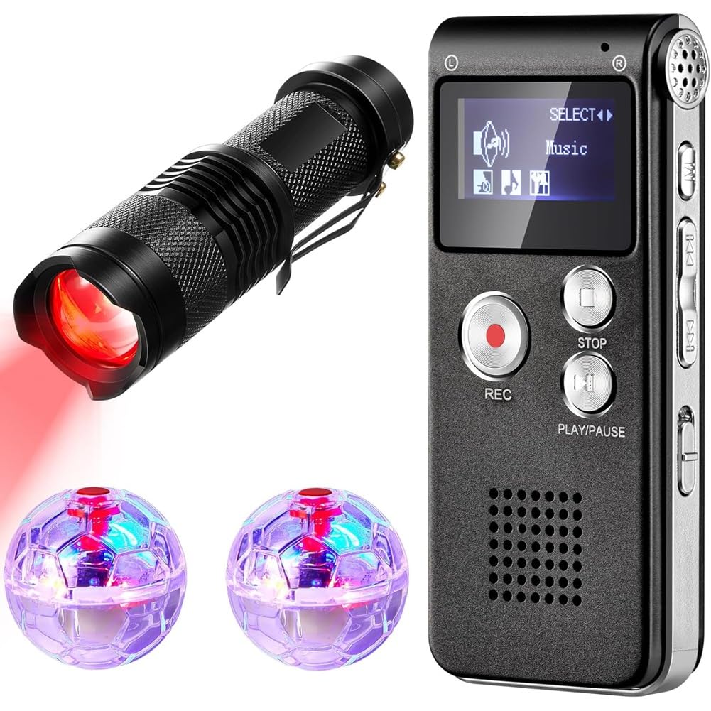 Paranormal Equipment Kit 4 Pieces Includes 1 Light Night Vision Flashlight, 1 Voice Recorder, 2 LED Light-Up Pet Cat Balls