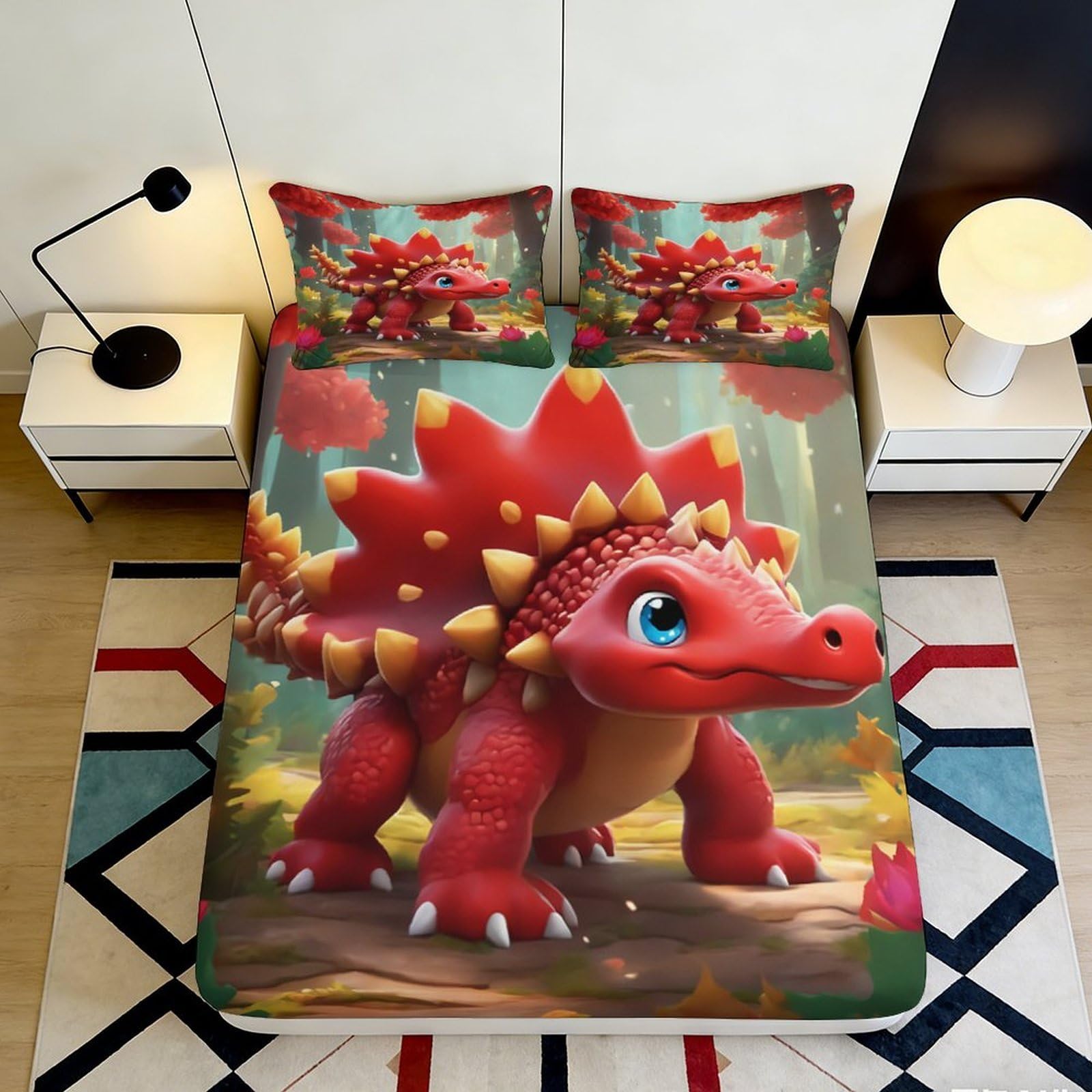 Pnayamiorkfel Style-3 3D Printed Red Dinosaur Fitted Sheet Microfiber Soft Anti-Slip Forest Cartoon Bed Cover For Bedroom Guest Room 90X200x25cm