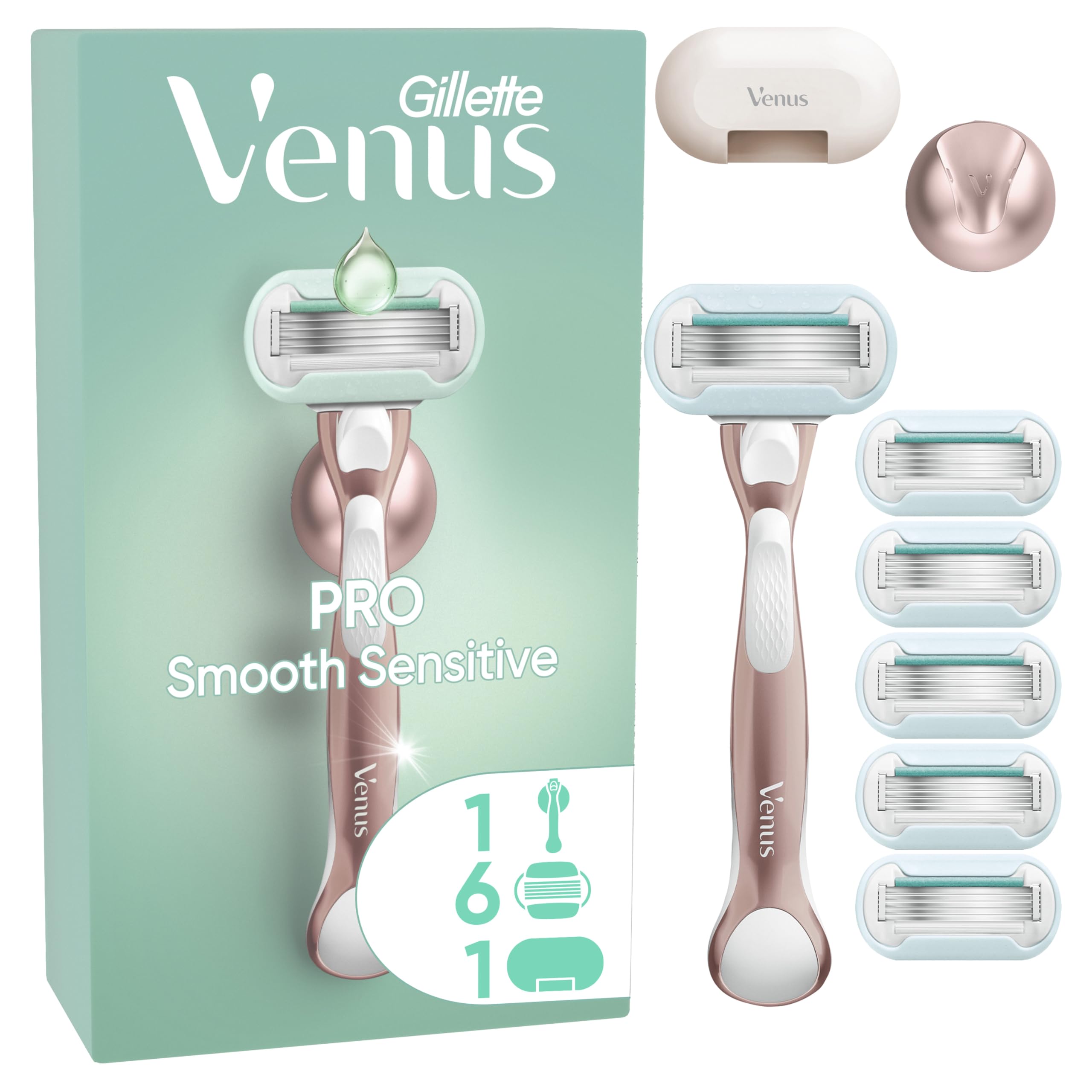 Gillette Venus Pro Smooth Sensitive Rasoio Donna A 5 Lame Per Pelli Sensibili Con 6 Lamette Da Donna Di Ricambio, Manico In Metallo Riutilizzabile, Gancio Per La Doccia E Copertura Da Viaggio Pezzi