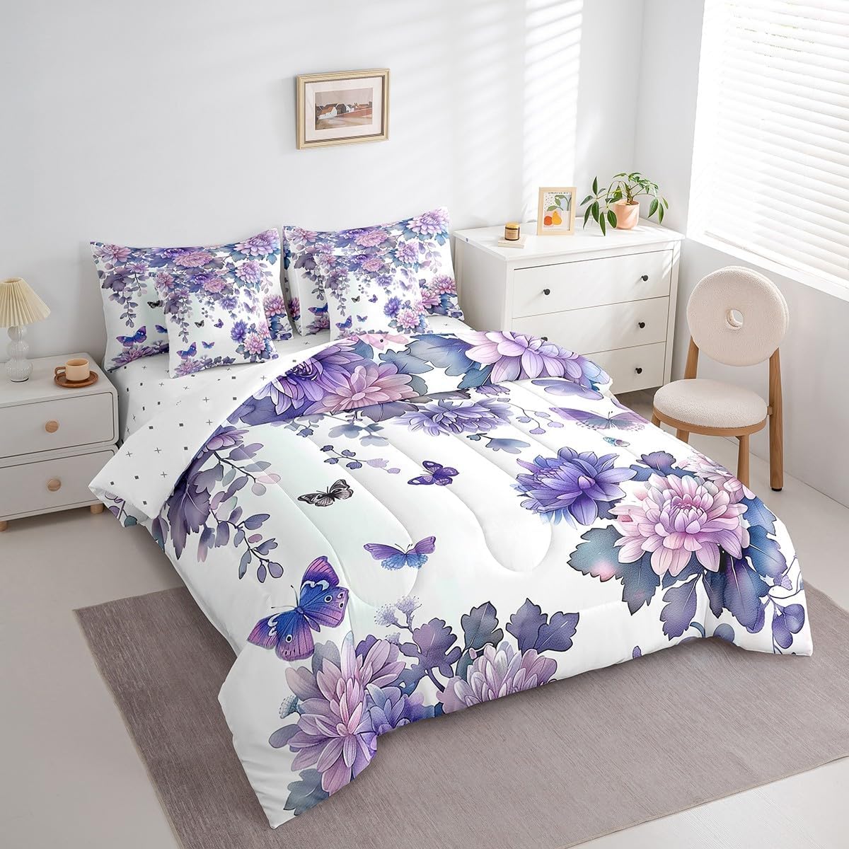 jejeloiu Purple Flower Comforter Set 7 Pieces Queen Size Kids Floral Butterfly Bedding Set for Boys Girls Teens Garden Bed in a Bag Soft Lightweight Microfiber Room Decor