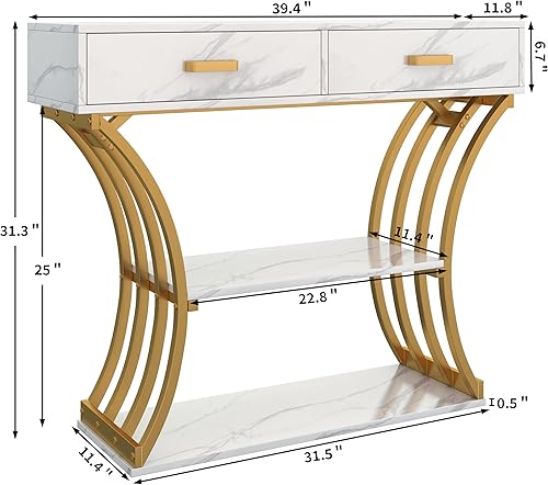 Miniatura 2 de Vagaconl Mesa consola de oro blanco con dos cajones, mesa de entrada moderna de 39 pulgadas con 3 niveles de almacenamiento, mesa de pasillo de