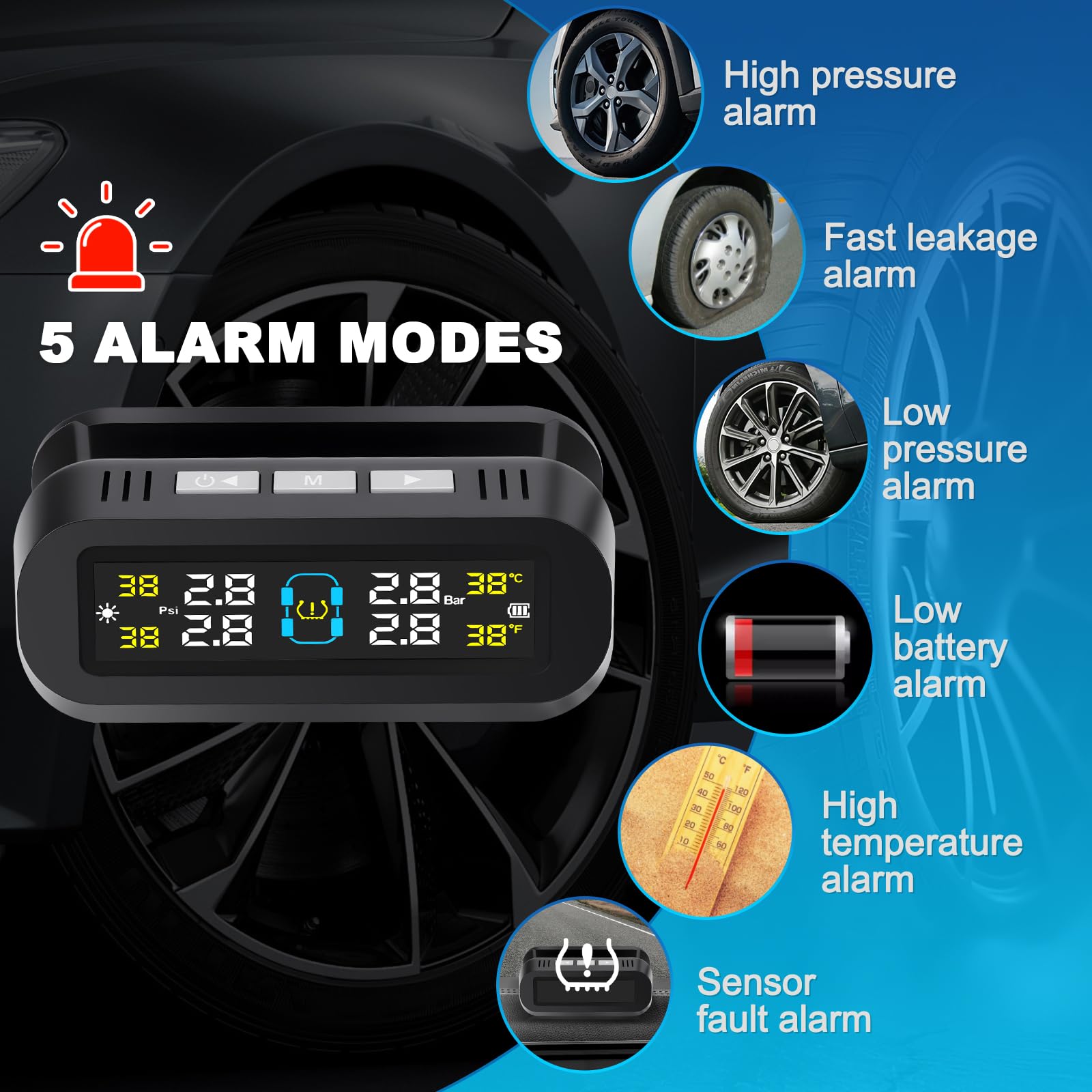 Sistema di Monitoraggio della Pressione dei Pneumatici Solare Sistema Monitor Pressione Gomme Staffa Rimovibile, 4 Sensori Esterni per Camper SUV Auto