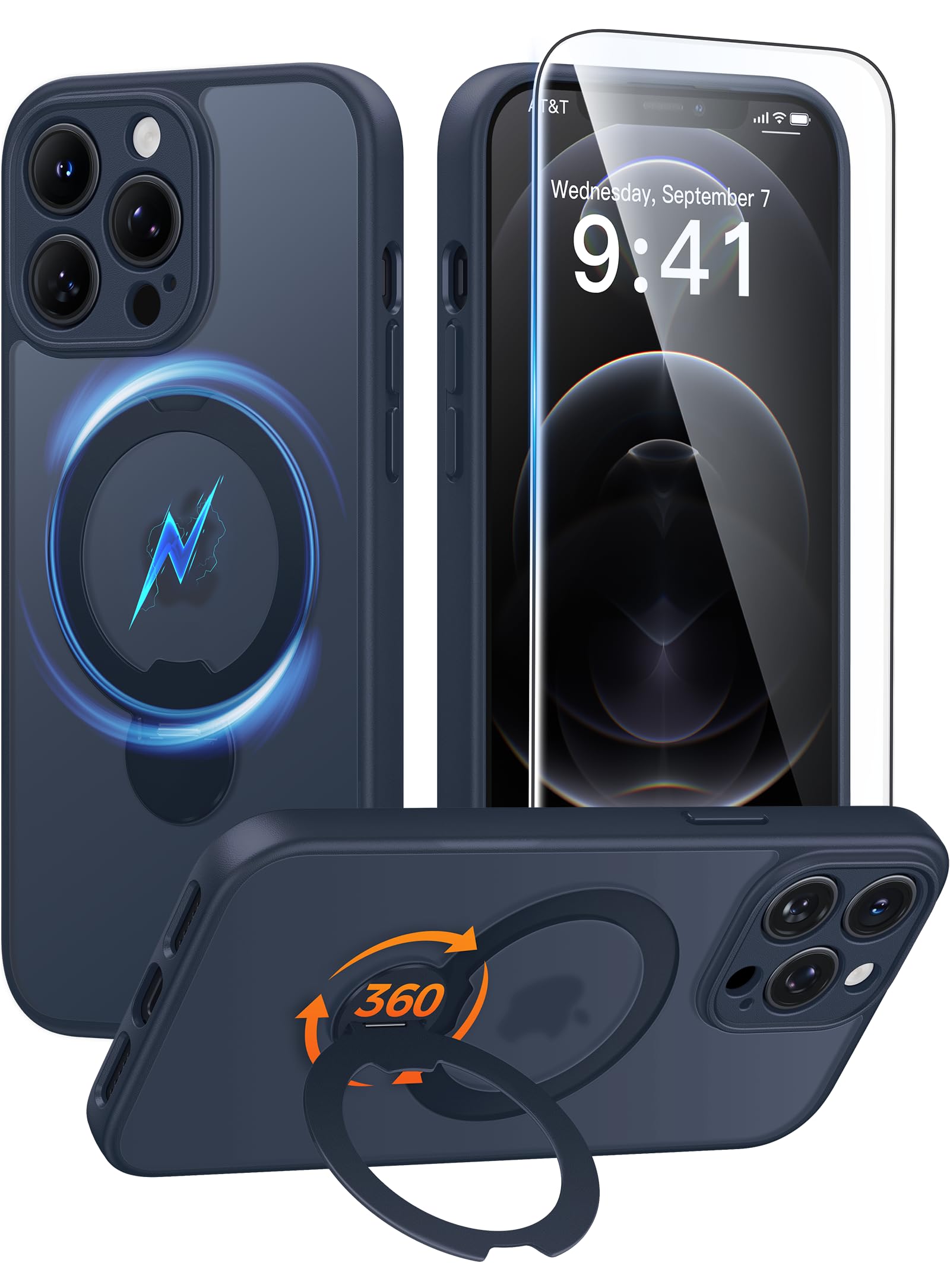 FNTCASE for iPhone 12 Pro-Max Case: [360 Spin Magnetic Stand] [Compatible with Magsafe] [Screen Protector] Translucent Matte Military Grade Shockproof Full Camera Protective Phone Cover - Deep Blue