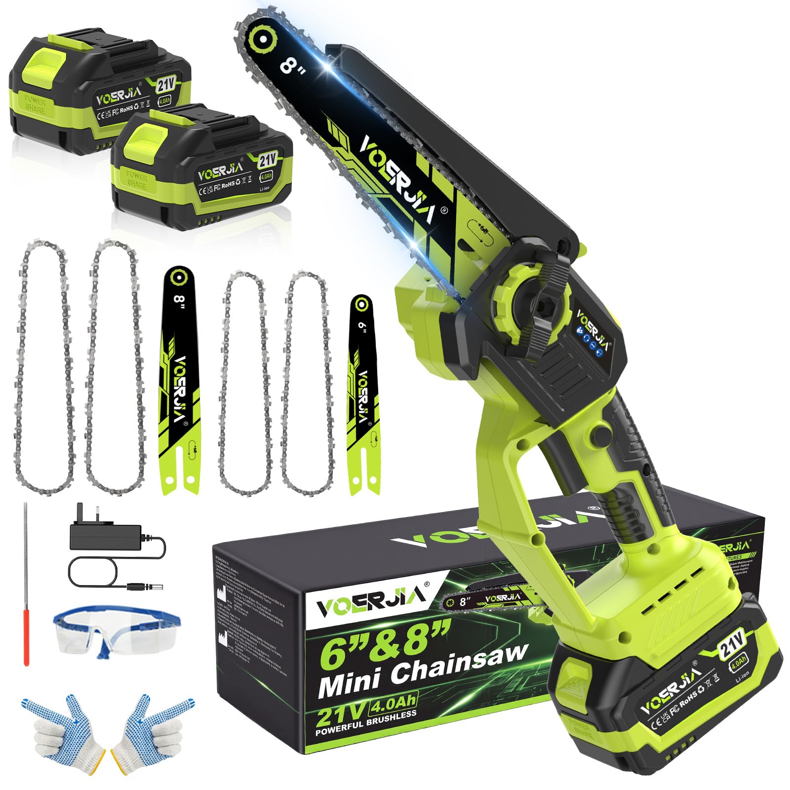 VOERJIA Akku Kettensäge 21V, Mini Kettensäge 6 & 8 Zoll mit automatischer Kettenschmierung, 2x 4.0Ah Akku, bürstenloser Motor, Handkettensäge für Baumschnitt, Garten & Holzarbeiten