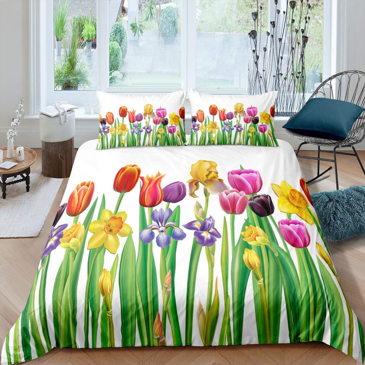 Juego de Cama Flores,para niños,niñas,Floral,Rosa,tulipán,orquídea,Naturaleza,Funda de edredón de Microfibra hipoalergénica,3 Piezas,King