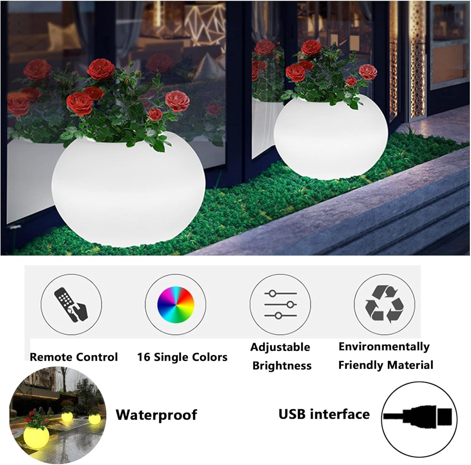 Wiederaufladbarer Blumentopf mit Fernbedienung, wasserdicht, farbwechselnd, beleuchteter Übertopf für drinnen und draußen, 16 Farben, Garten, Balkon, Terrasse, Dekoration, Solartopf, Alternative