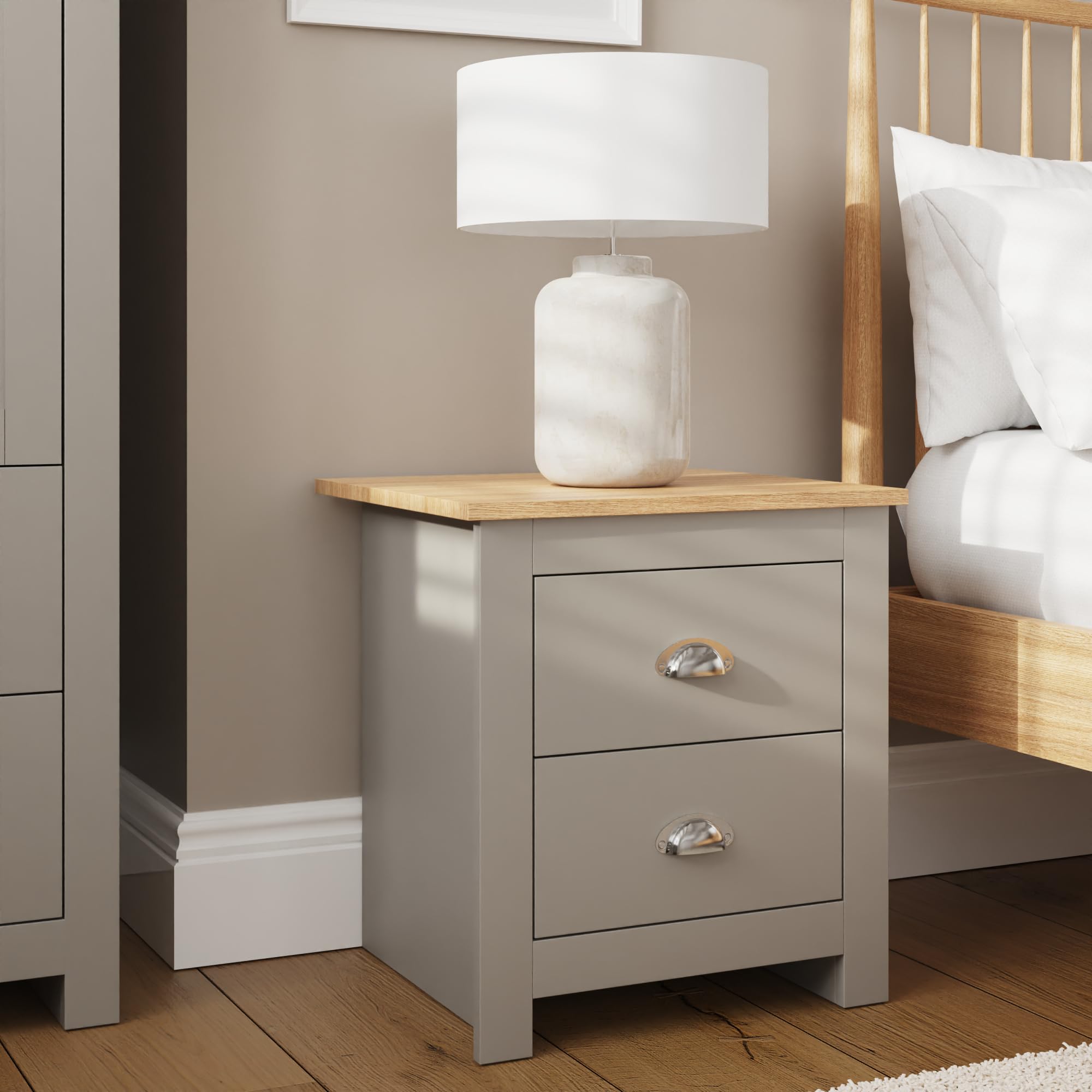 GFW Lancaster 2 Drawer Bedside Table Oak/Steel Grey