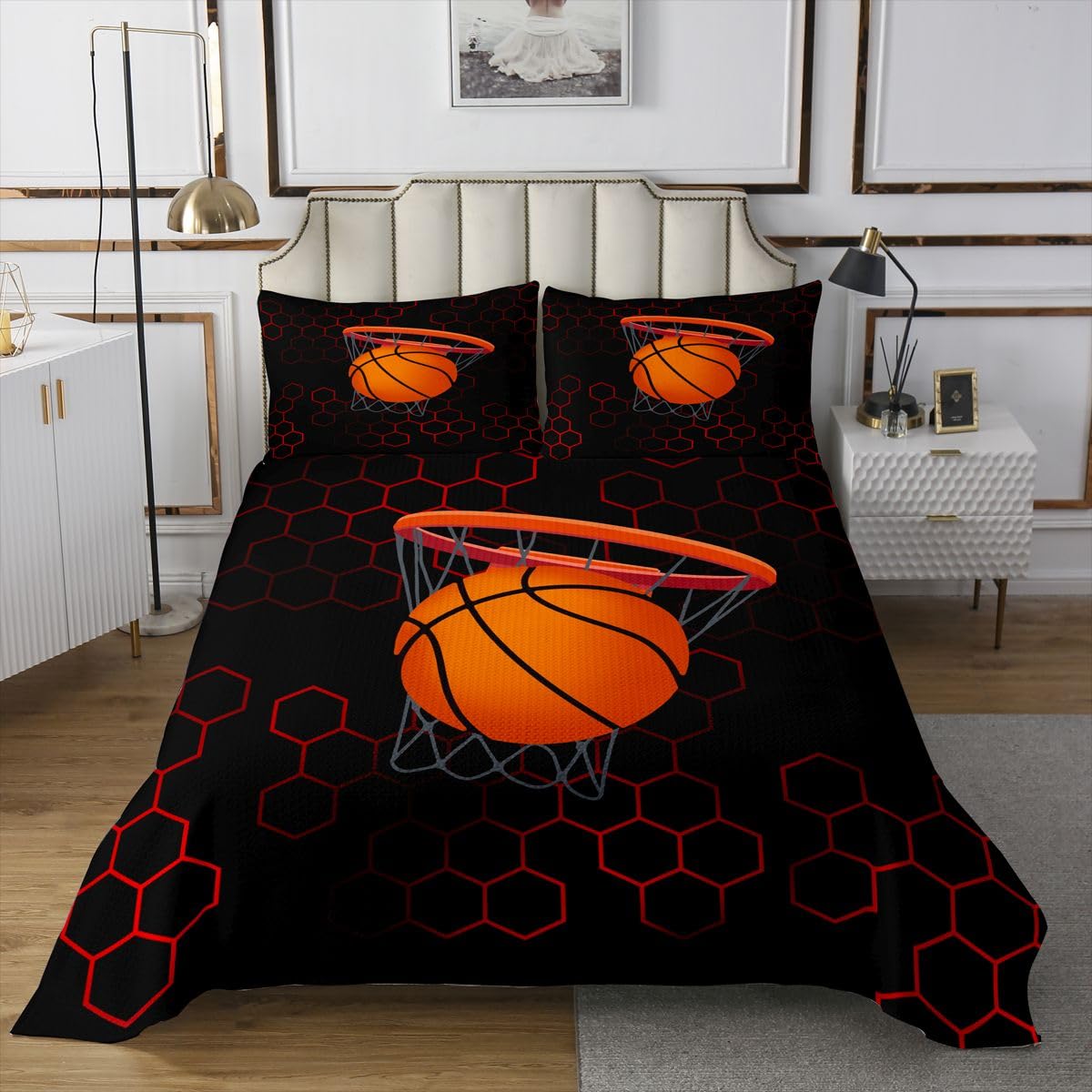 Narzuta 3D do koszykówki, 1 poduszka, prosta geometryczna kołdra z miodu, dla dzieci, nastolatków, z kreskówki, nowoczesna piłka sportowa, zestaw pościeli rozmiar S