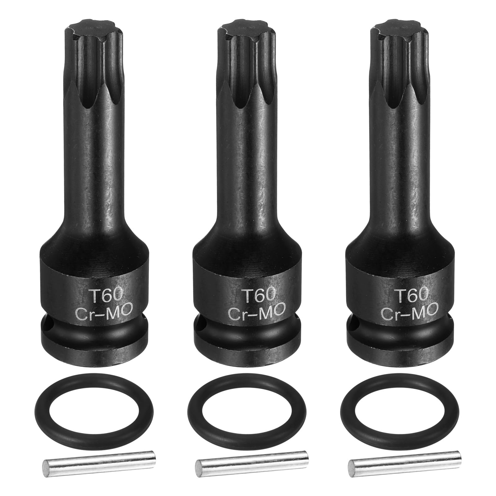 sourcing map 3pcs 1/2" Drive Torx Bit Socket T60 Impact 6 Point Star Bit Sockets CR-MO Steel with Cotter Pin and O-Ring for Power Drill Drivers Garage Workshop Adapter