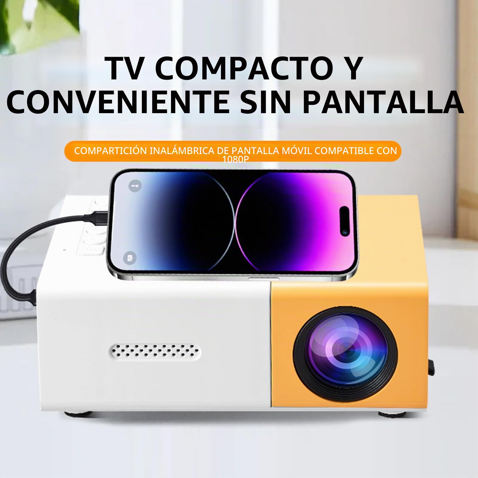Mini Proyector, Proyector Portátil de 1080p, Proyector de Películas de Brillo de 6000lm, Manual de Corrección Automática de Foco 100 '' Proyector Al Aire Libre Compatible para
