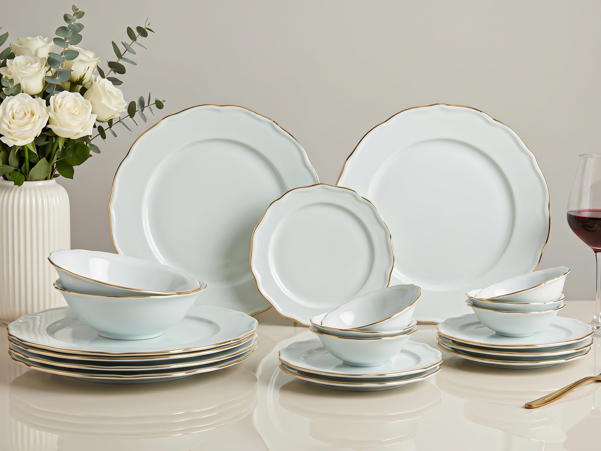 Bodhi House 20-Piece Gold Rim Porcelain Dinner Set | Plates & Bowls Set | Lightweight, Chip Resistant, | Dishwasher Safe | Ideal for Home Dining & Gifting Tableware Set | White