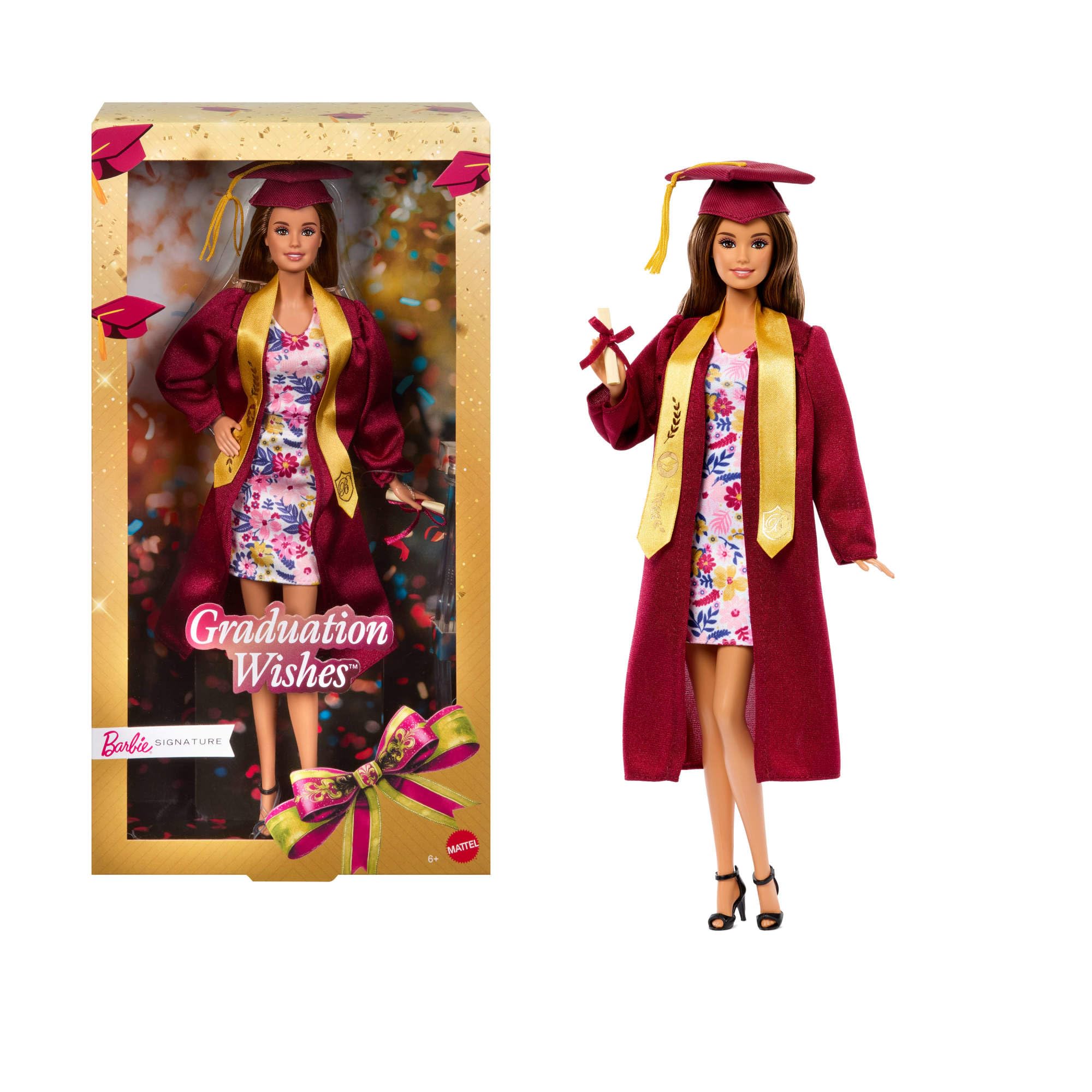 Barbie Signature - Graduation Wishes, bambola da collezione con toga di laurea bordeaux e cappello con nappina dorata, diploma e confezione speciale inclusi, 6+ anni, JJX81