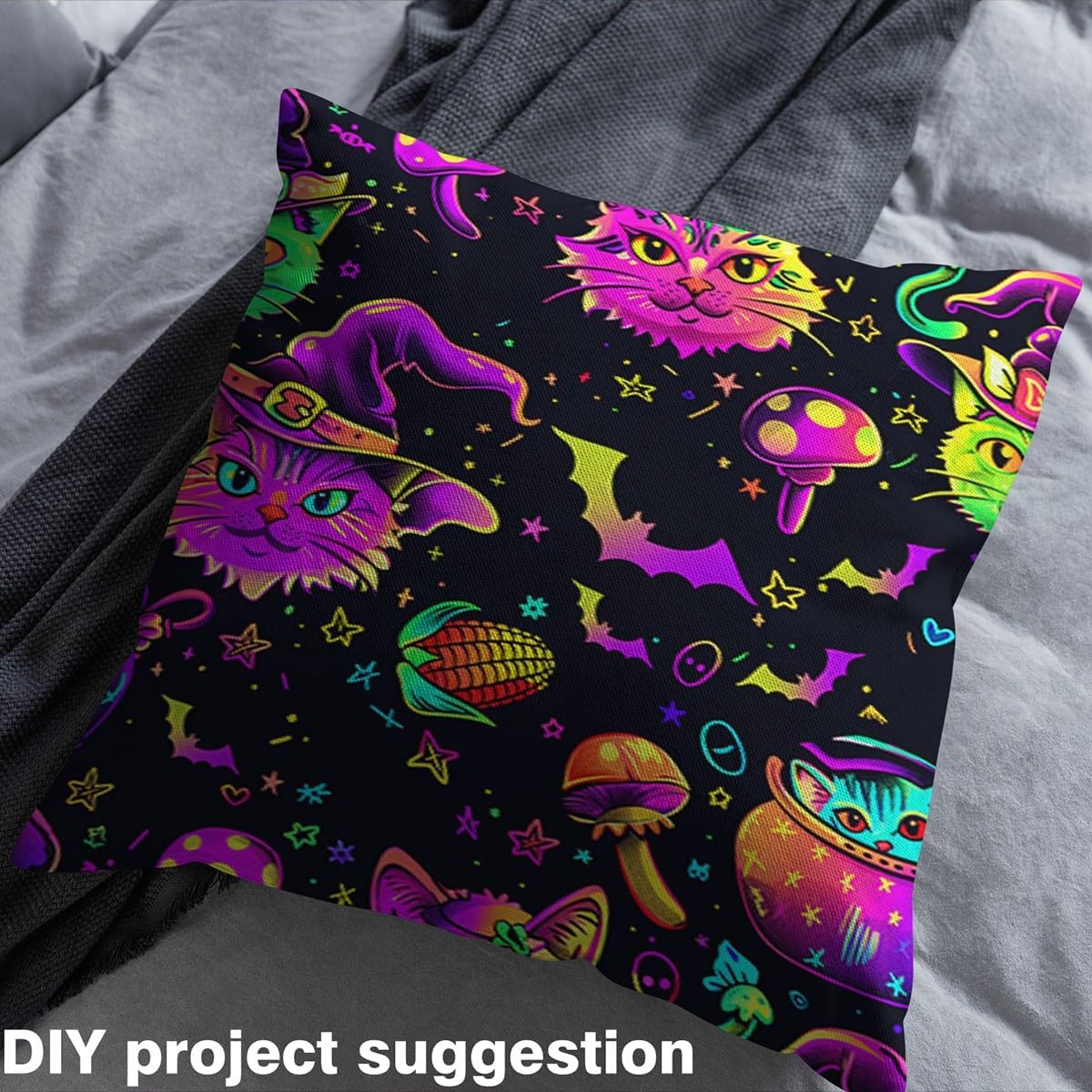 Happy Halloween Fabric by The Yard,Cat Bat Wildlife Upholstery Fabric,Watercolor Animals Decorative Cloth for Furnishing Sofa,Black Purple Green Sewing Supplies DIY Fabric,5 Yards,180" L x 59" W