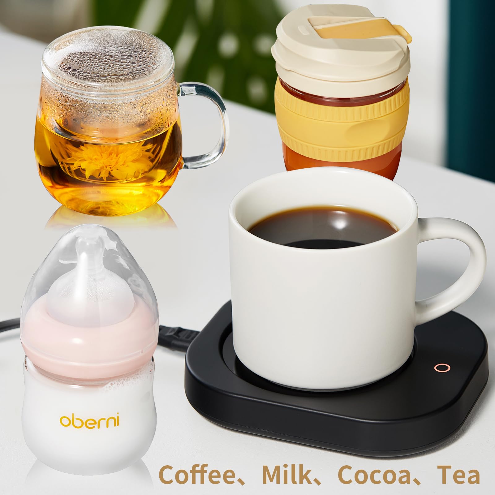 DOPUDO Calentador de tazas con apagado automático de 4 horas, 3 ajustes de temperatura, calentador eléctrico rectangular negro esmerilado, panel de vidrio de borosilicato, cable de 54 pulgadas