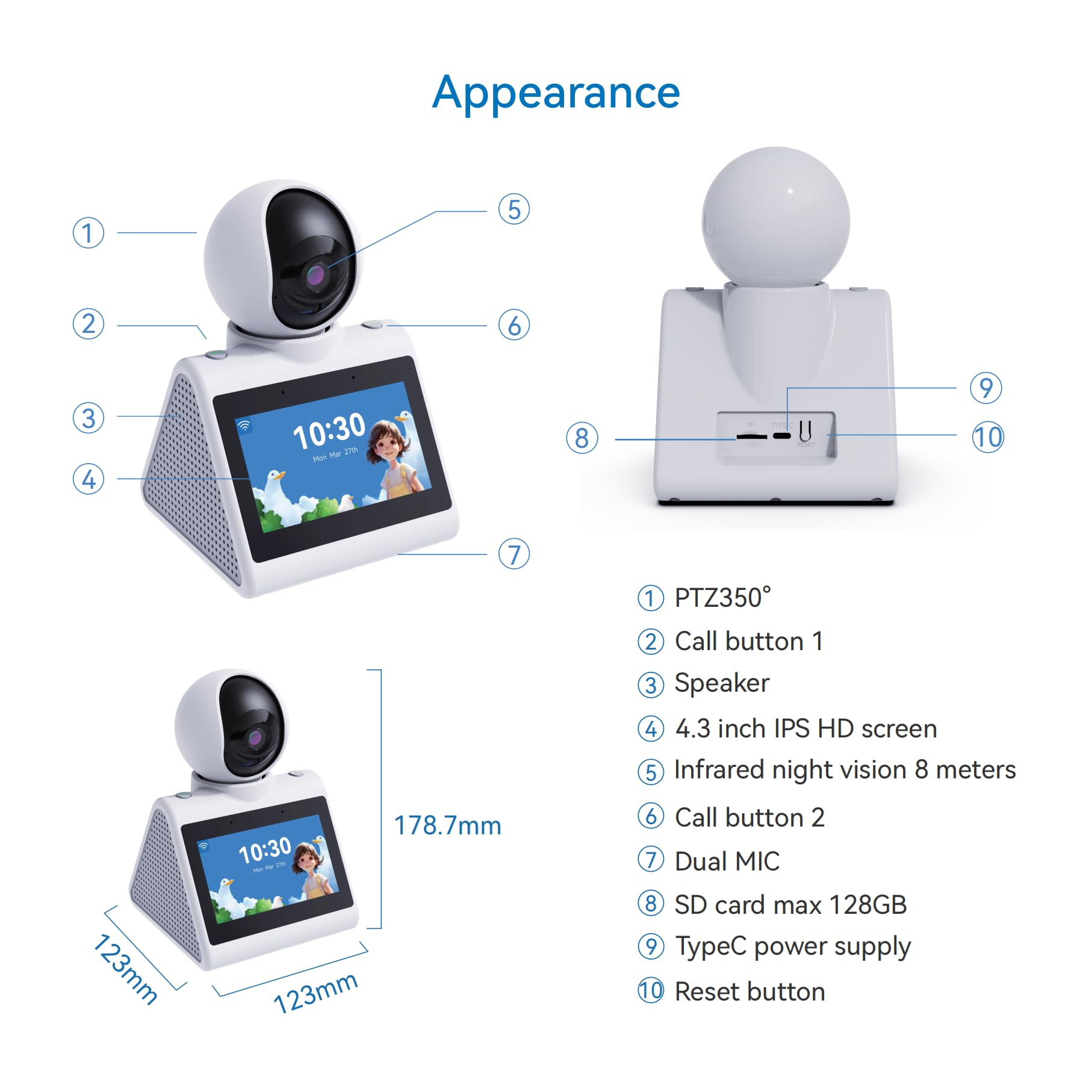 Sxhlseller Caméra D'appel Vidéo Intelligente, Appareils D'appel Vidéo WiFi 2MP HD avec Détection de Mouvement et Alarme Intelligente, Dispositif de Chat à Deux Voies pour Les Personnes (64GB)