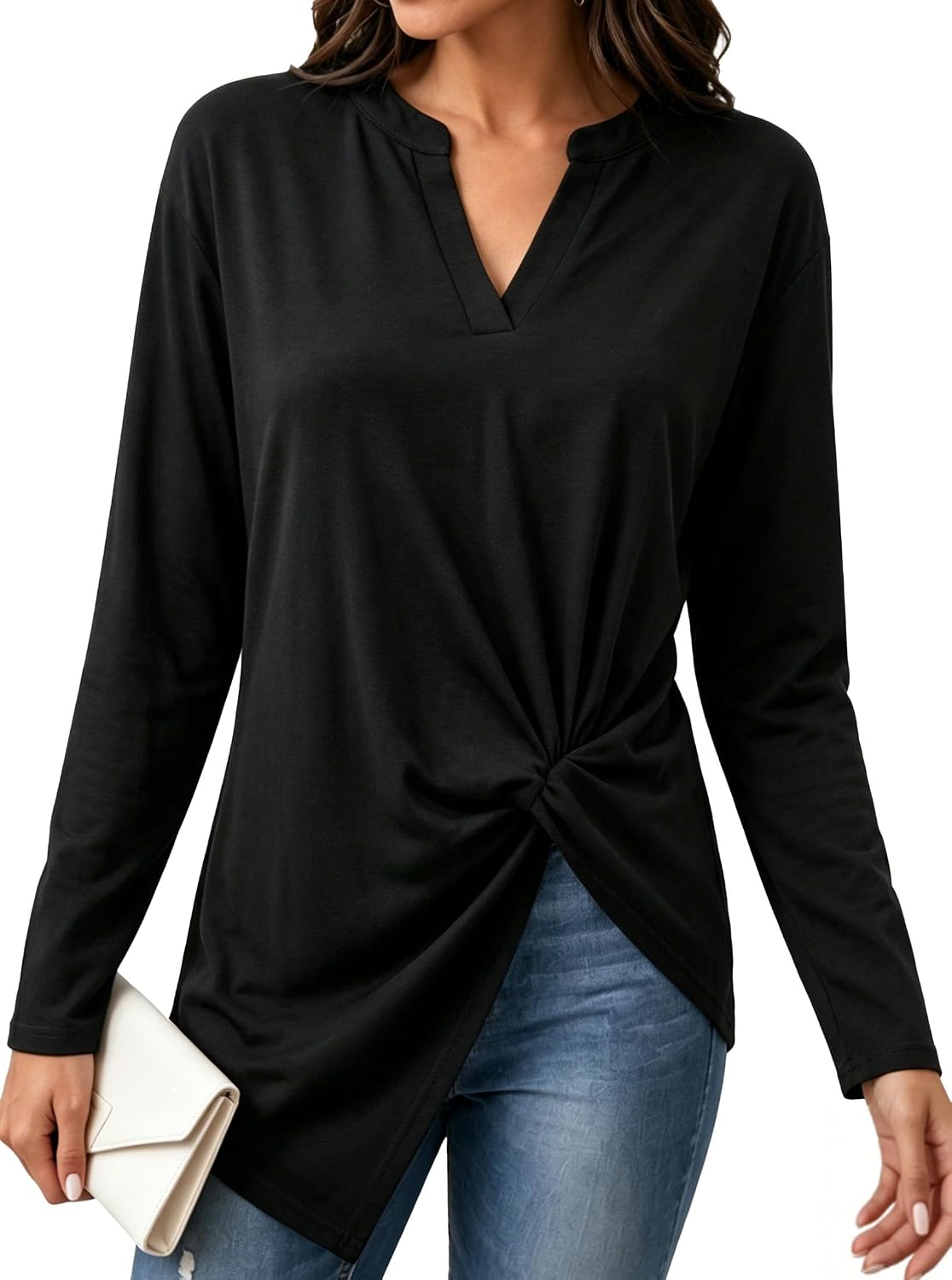 Remidoo Asymmetrical Tops for Women Twist Front Top V Neck Side Knot Long Sleeve Tunic T Shirt