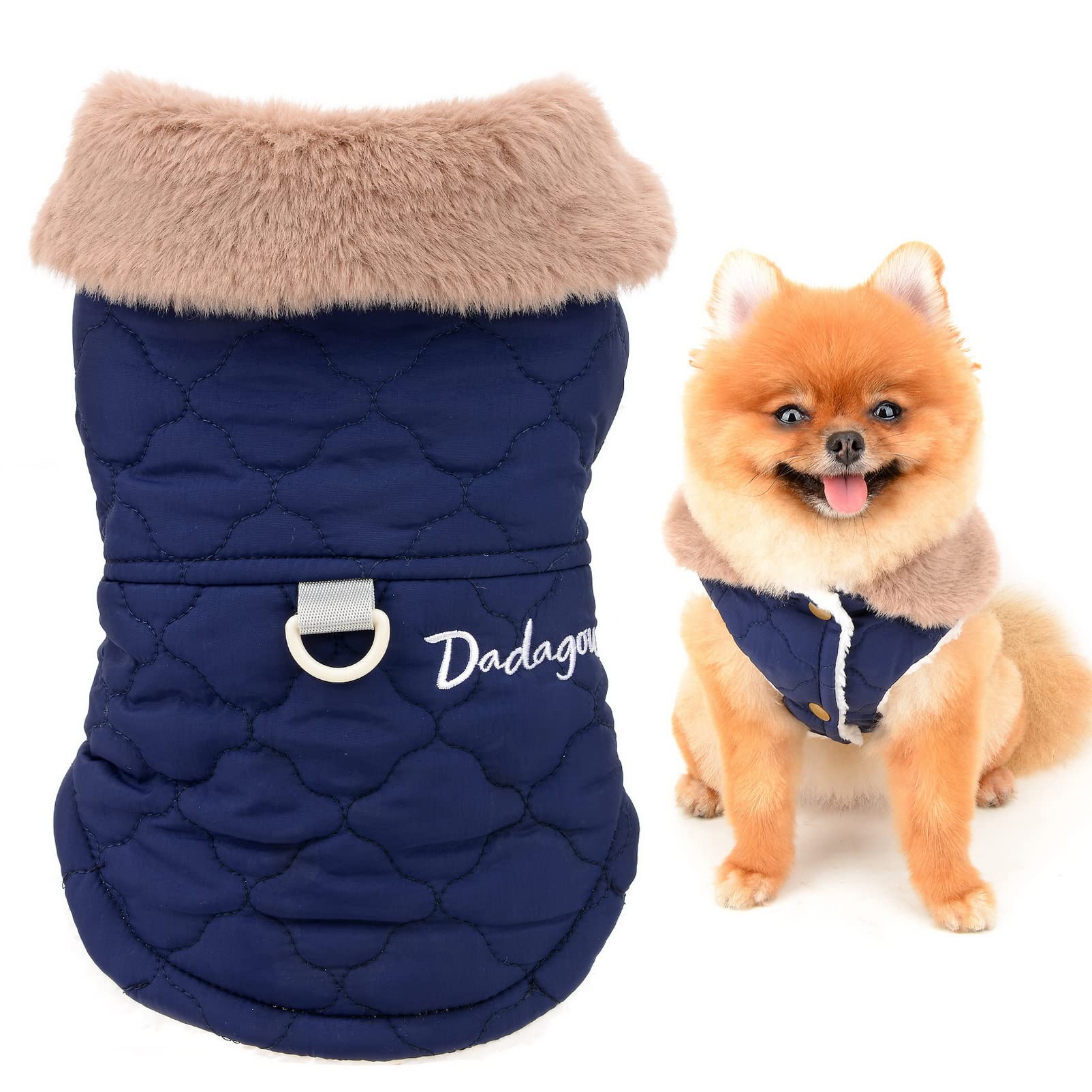 SMALLLEE_LUCKY_STORE Pet Furry Collar Quilted Jacket Winter Coat Vest with D-ring for Small Medium Dog Cat Sherpa Fleece Lined Puppy Chihuahua Yorkie Warm Cold Weather Clothes,Blue,M