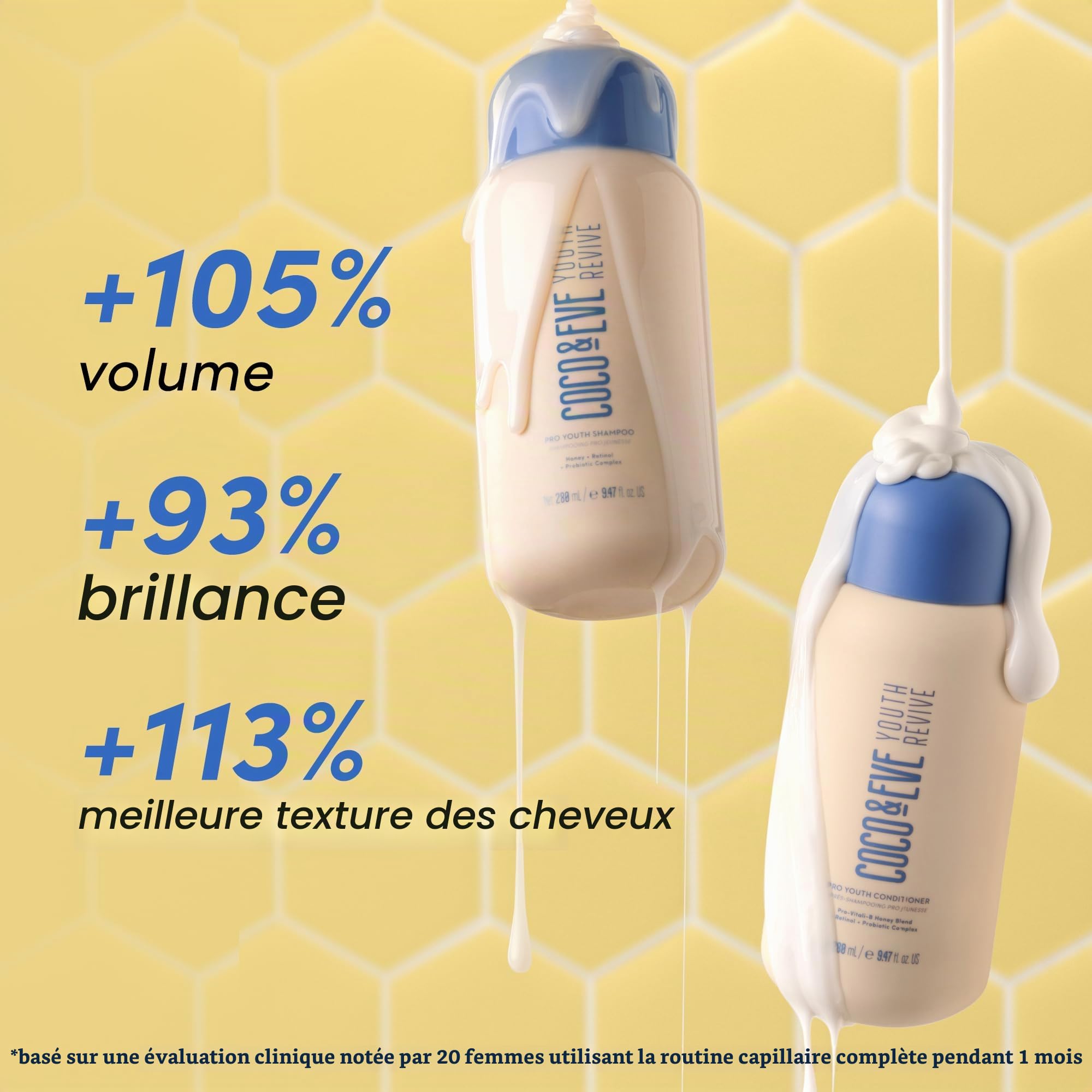 Shampooing et après-shampooing pro jeunesse Coco & Eve. Pour la force, l’éclat, le volume et la santé du cuir chevelu. Au miel, rétinol, prébiotiques. (280 ml)