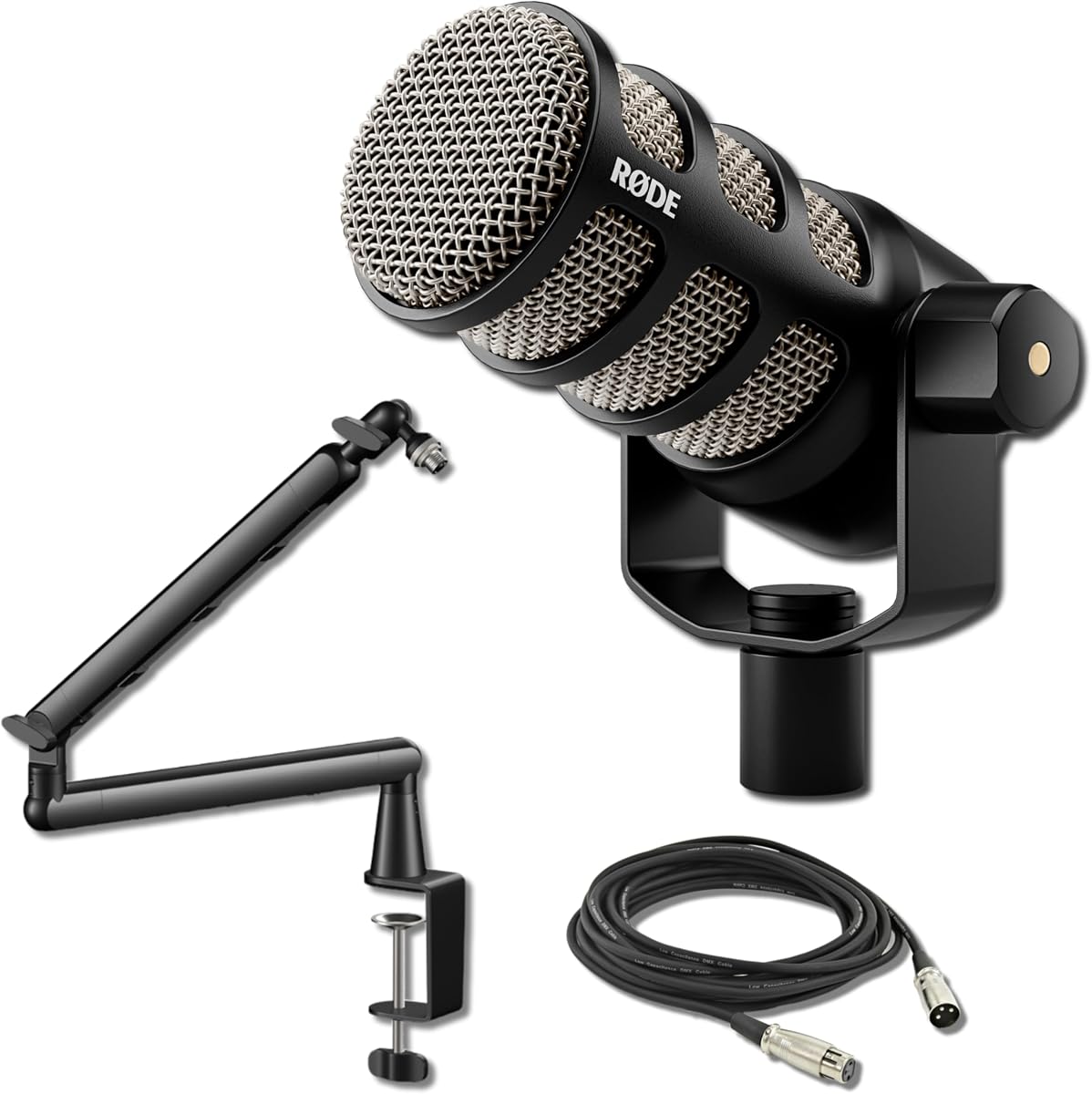 Rode PodMic Paquete de micrófono de transmisión dinámica con brazo de pluma StreamEye Lowpro y cable XLR balanceado de 10 pies — Micrófono de estudio XLR cardioide para podcasting, transmisión en vivo, voz en off, transmisión