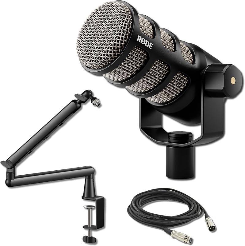 Rode PodMic Paquete de micrófono de transmisión dinámica con brazo de pluma StreamEye Lowpro y cable XLR balanceado de 10 pies — Micrófono de estudio XLR cardioide para podcasting, transmisión en vivo, voz en off, transmisión