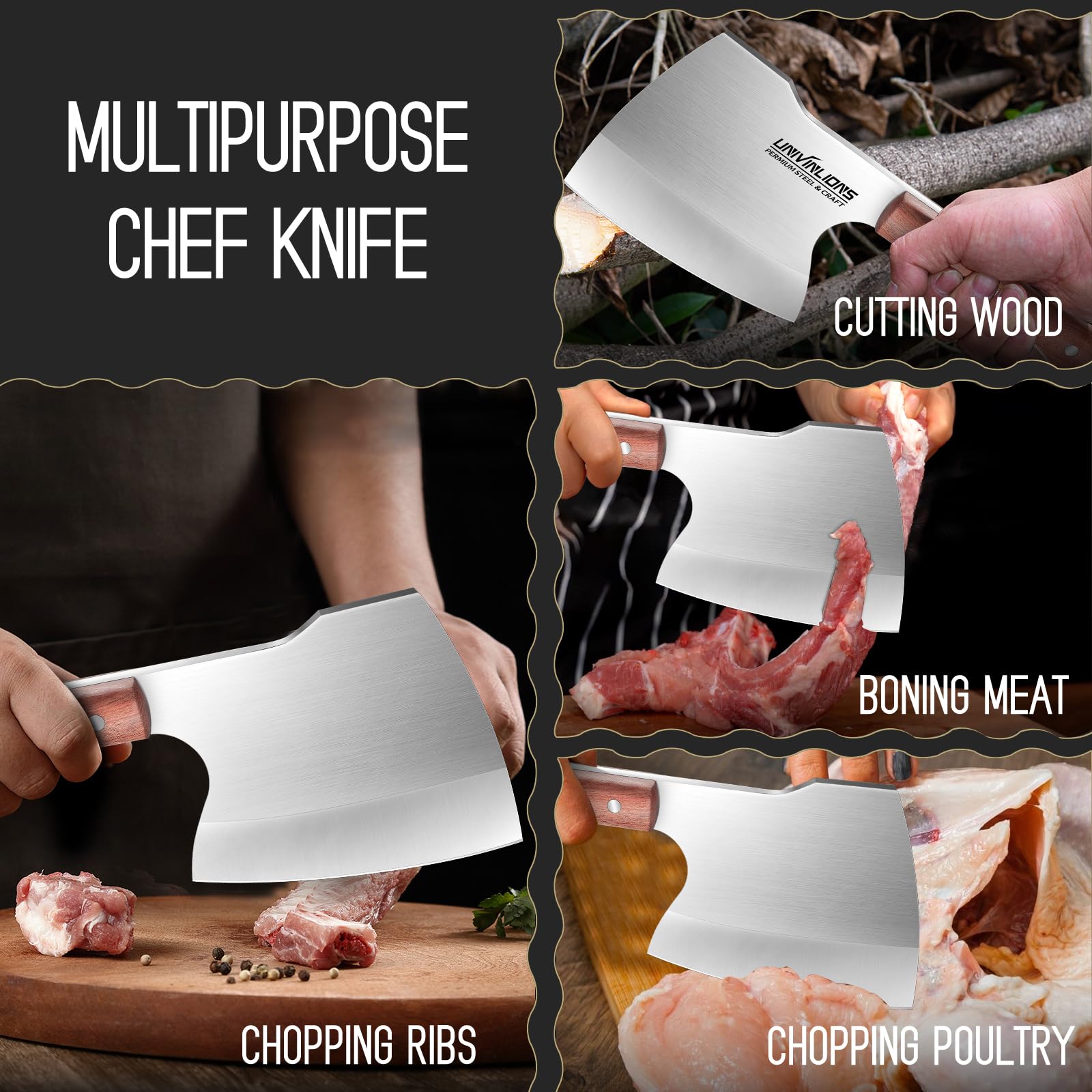 Mannaia Da Cucina A Codolo Pieno, Giapponese Per Carne E Ossa, Coltello Da Macellaio Estremamente Affilato, Forgiata A Mano Per Cucina Campeggio BBQ
