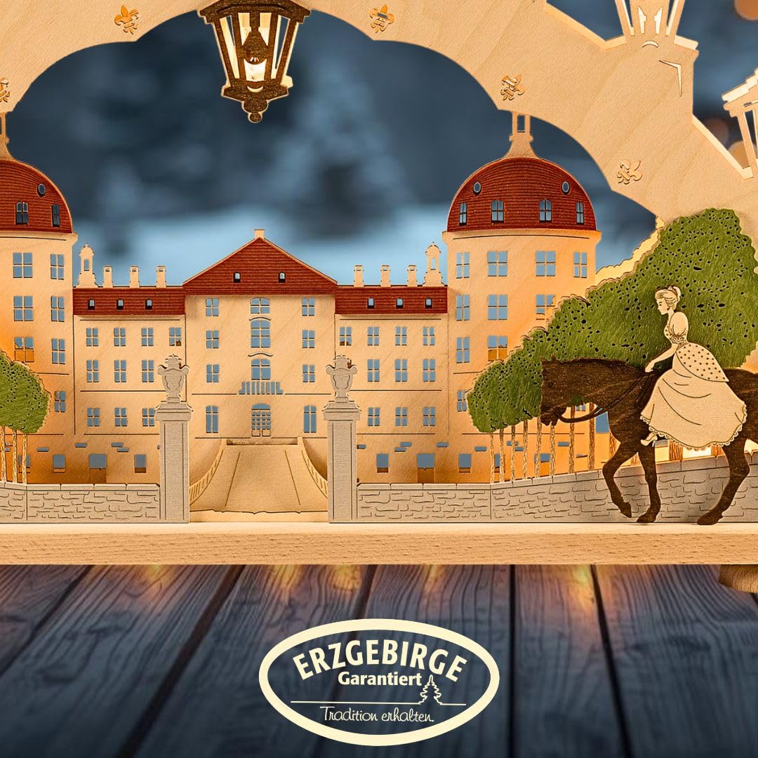 weigla - Schwibbogen original Erzgebirge I Motiv Moritzburg I Lichterbogen Weihnachten I 15 Lampenkerzen + 1 Ersatzlampe I 15 x 16 V, 3 W, E10 I beleuchtete Weihnachtsdeko innen I aus Holz
