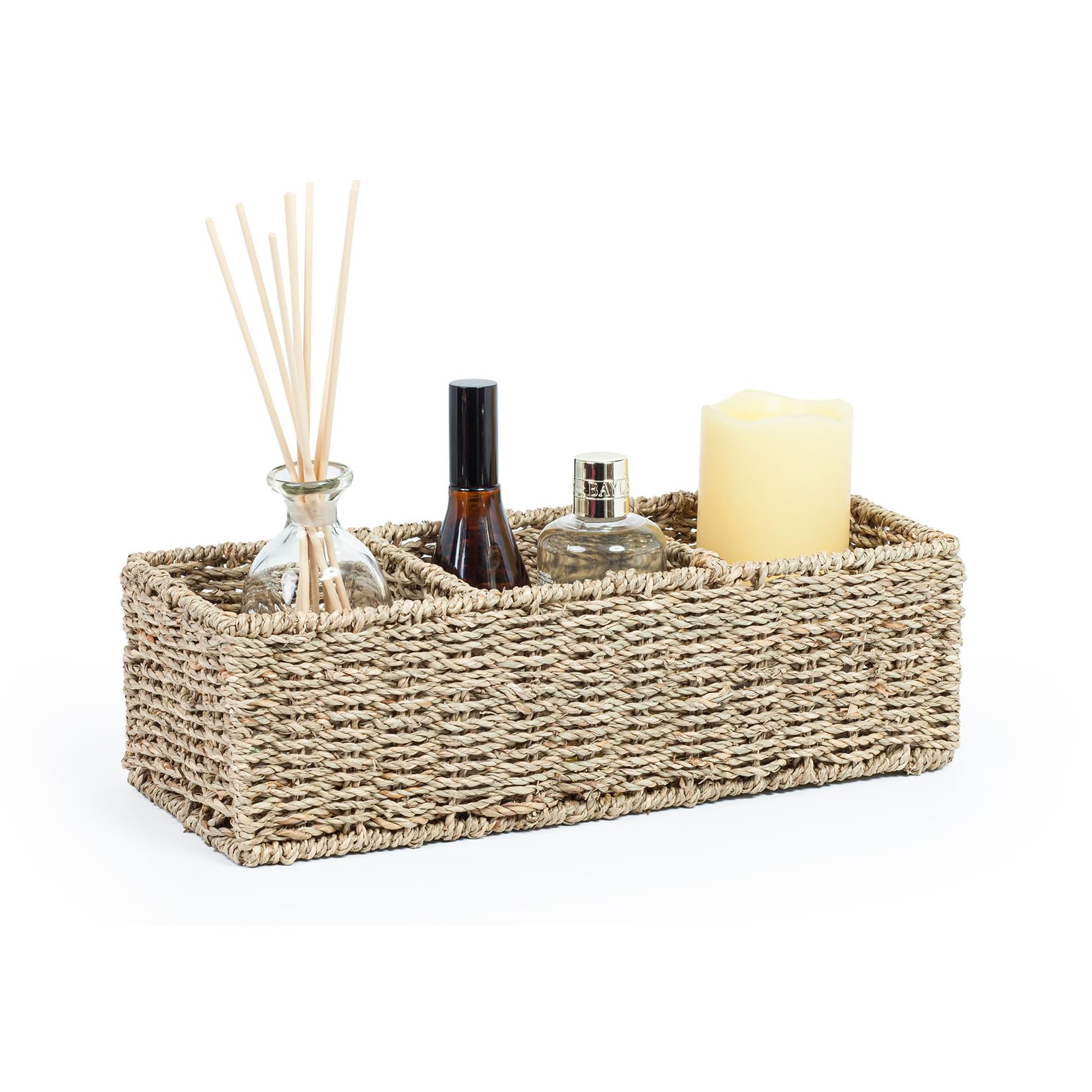 Woodluv Seagrass - 3 Section Basket Multipurpose 3-Compartment Woven Seagrass Storage Rectangular Organiser Basket Box Shelves & Desks Decorative Tidy Basket For Sundries Stationery Toys Cosmetics, Natural Seagrass Color