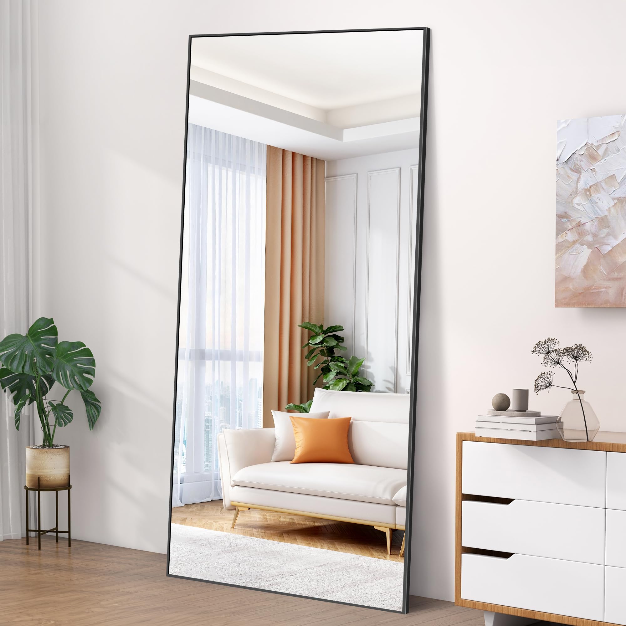 COFENY Espejo de Pie Cuerpo Entero 192 x 85 cm, Espejo Pared con Marco de Aluminio, Espejo de Pie Inclinado o Colgante para Salón, Dormitorio, Entrada, Negro