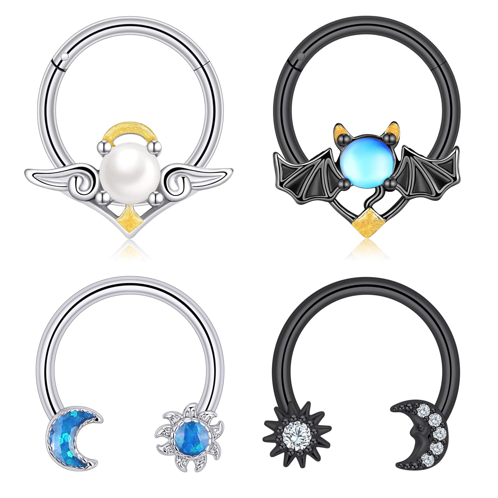 4Pcs 16G Septum Rings for Women Men Dangle Septum Jewelry Angel and Demon Nose Rings Moon Sun CZ Septum Clicker Rook Daith Earrings Cartilage Helix Piercing Jewelry