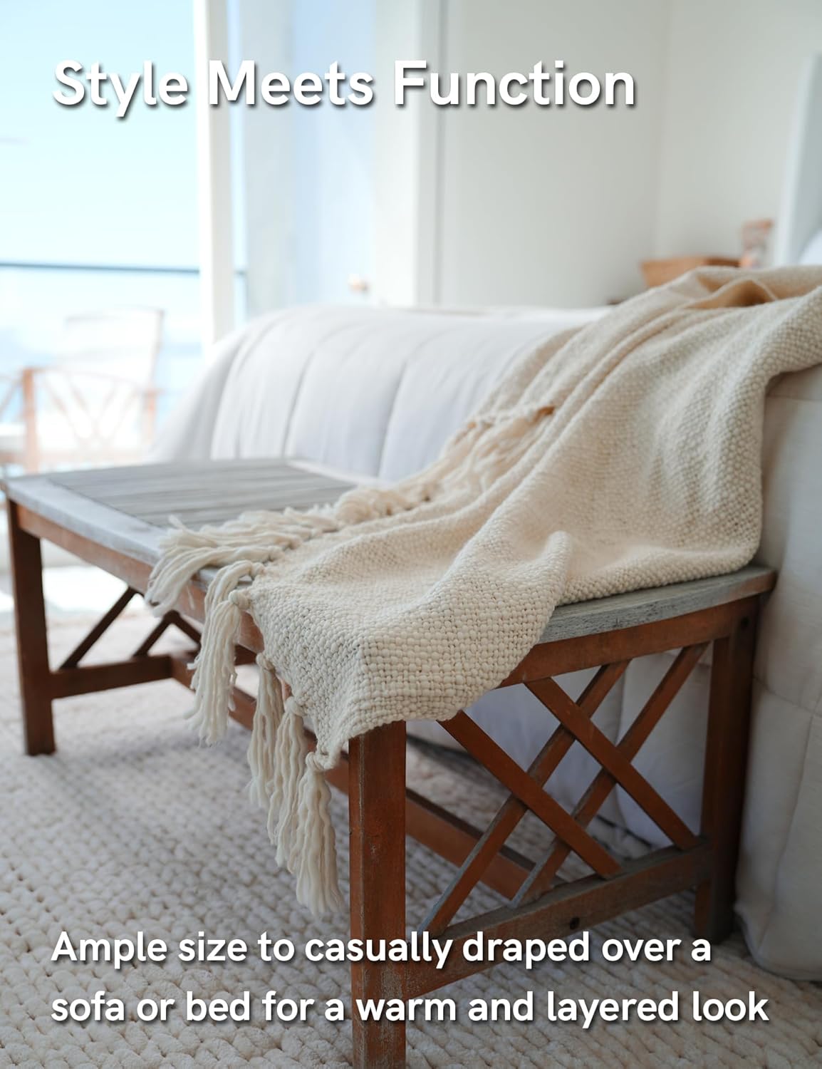 YnM Basketweave Knit Throw, Solid Neutral Vibe Textured Blanket with Tassel for Home Decor, 50 x 60 in, Cream